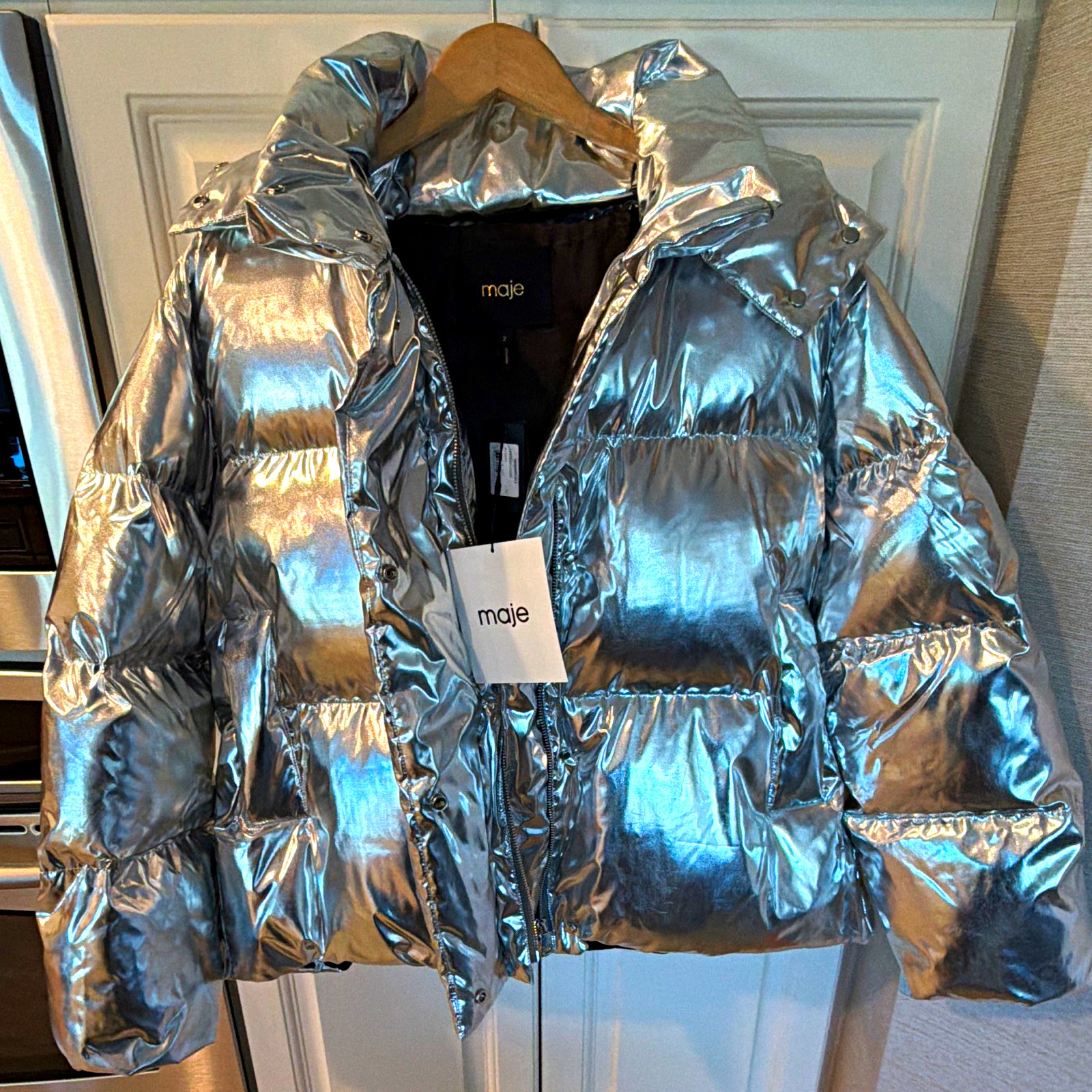 Maje Metallic Silver Hooded Insulated Puffer Jacket Women’s Size 2 EU/FR = US M