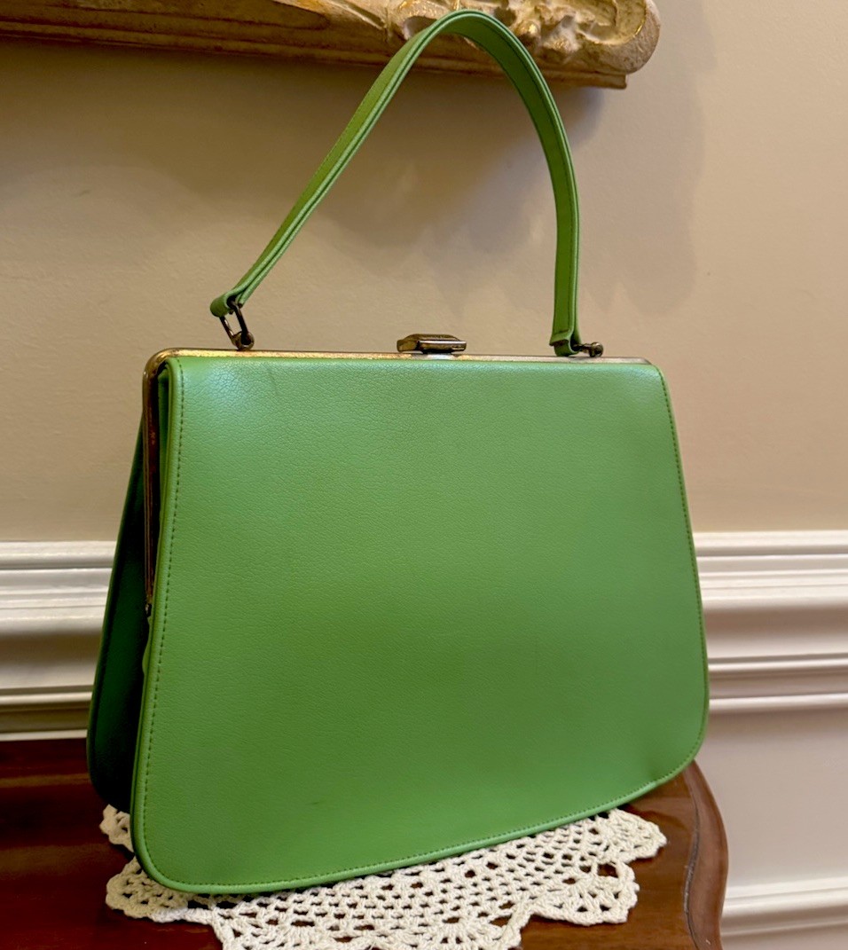 Vintage 60s Top Handle Green Purse Vinyl Handbag Rare