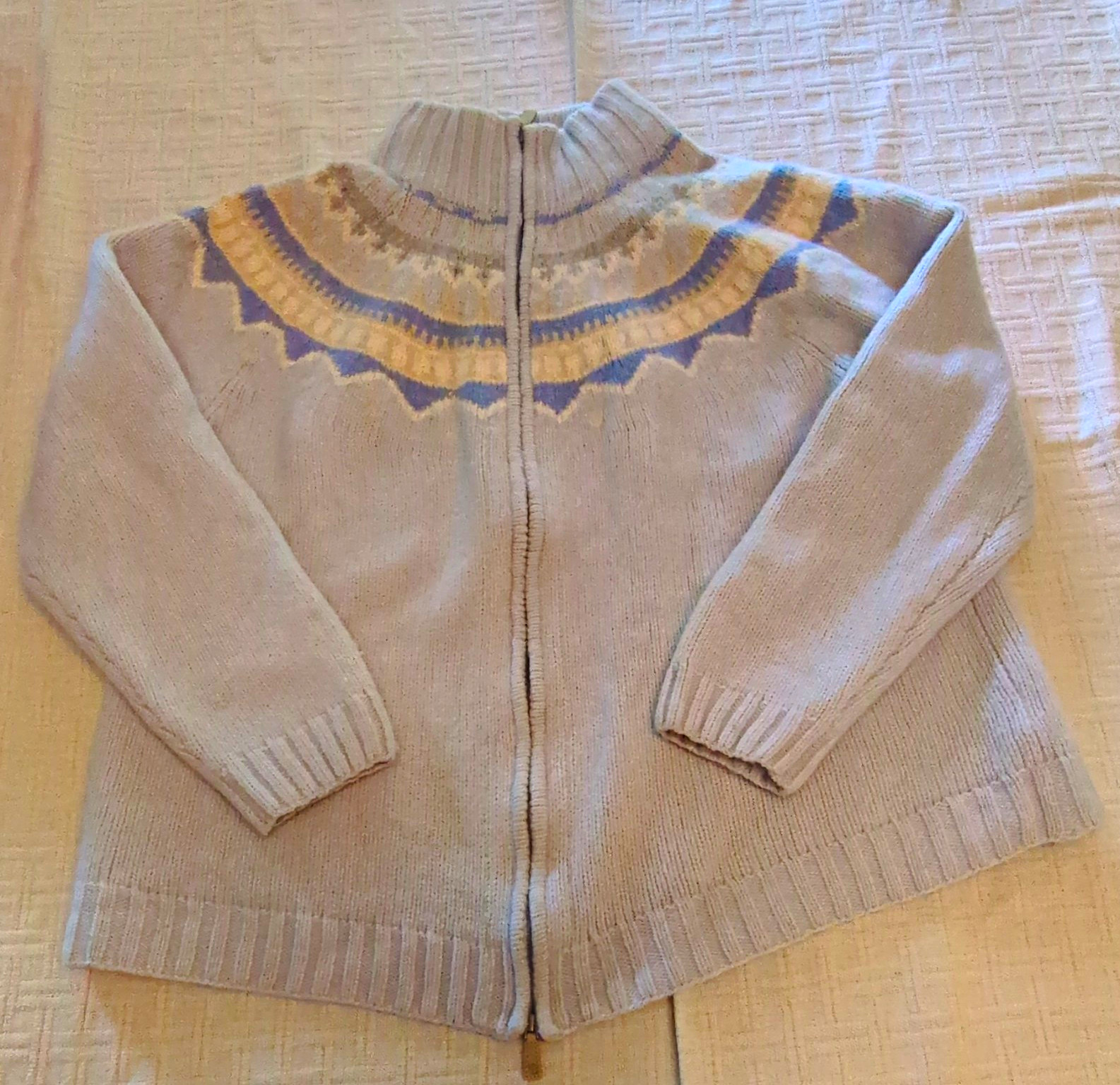 Lauren Ralph Lauren Fair Isle Wool Knit Full Zip Mock Neck Cardigan L