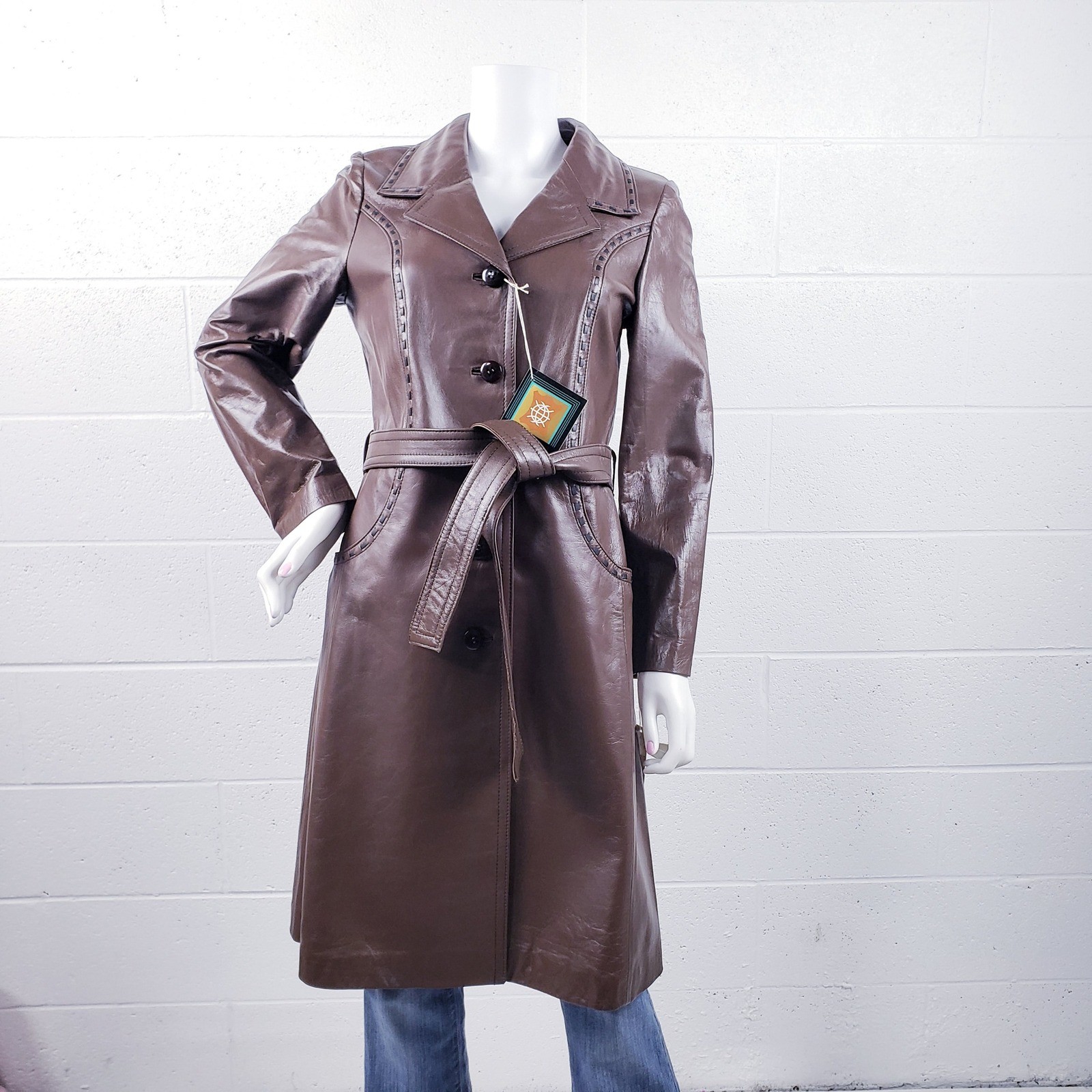 Vintage 70s Leda Spain Trench Coat Brown Leather Belted Boho Hippie Size 10