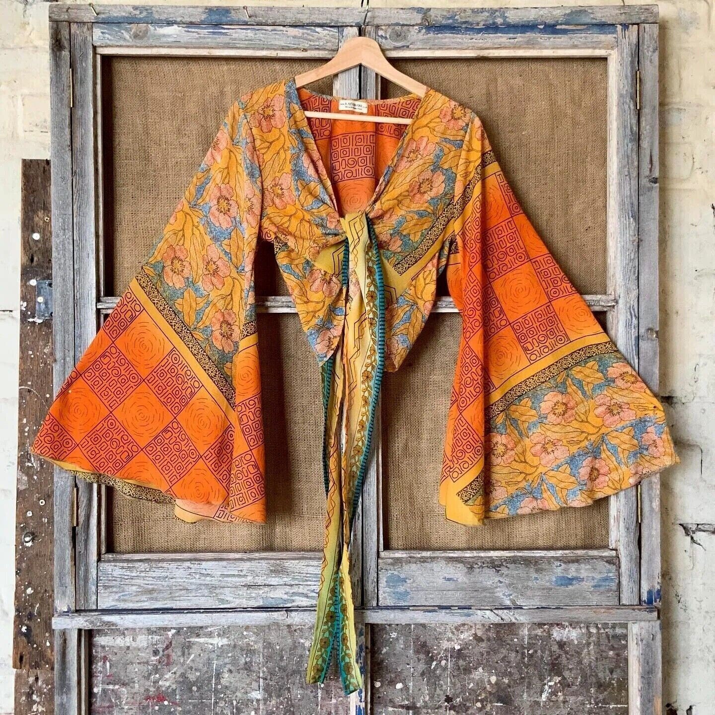 2 Pcs lot of Indian Vintage Silk Sari Bell Sleeve Crop Top Retro 60s Clothing