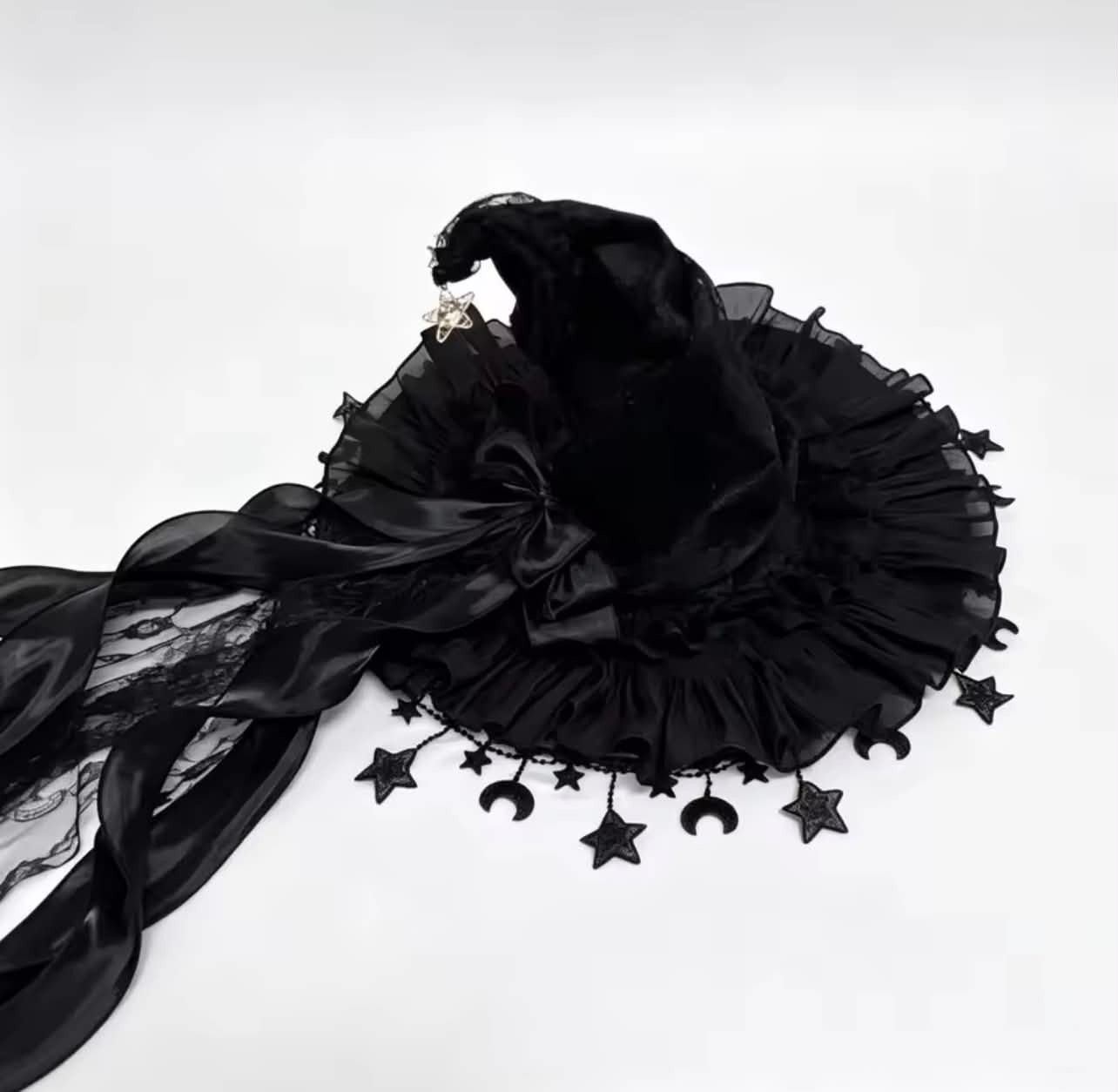 Velvet Witch Hat Lace Trim Moon Pendant Halloween Masquerade Cosplay Accessory