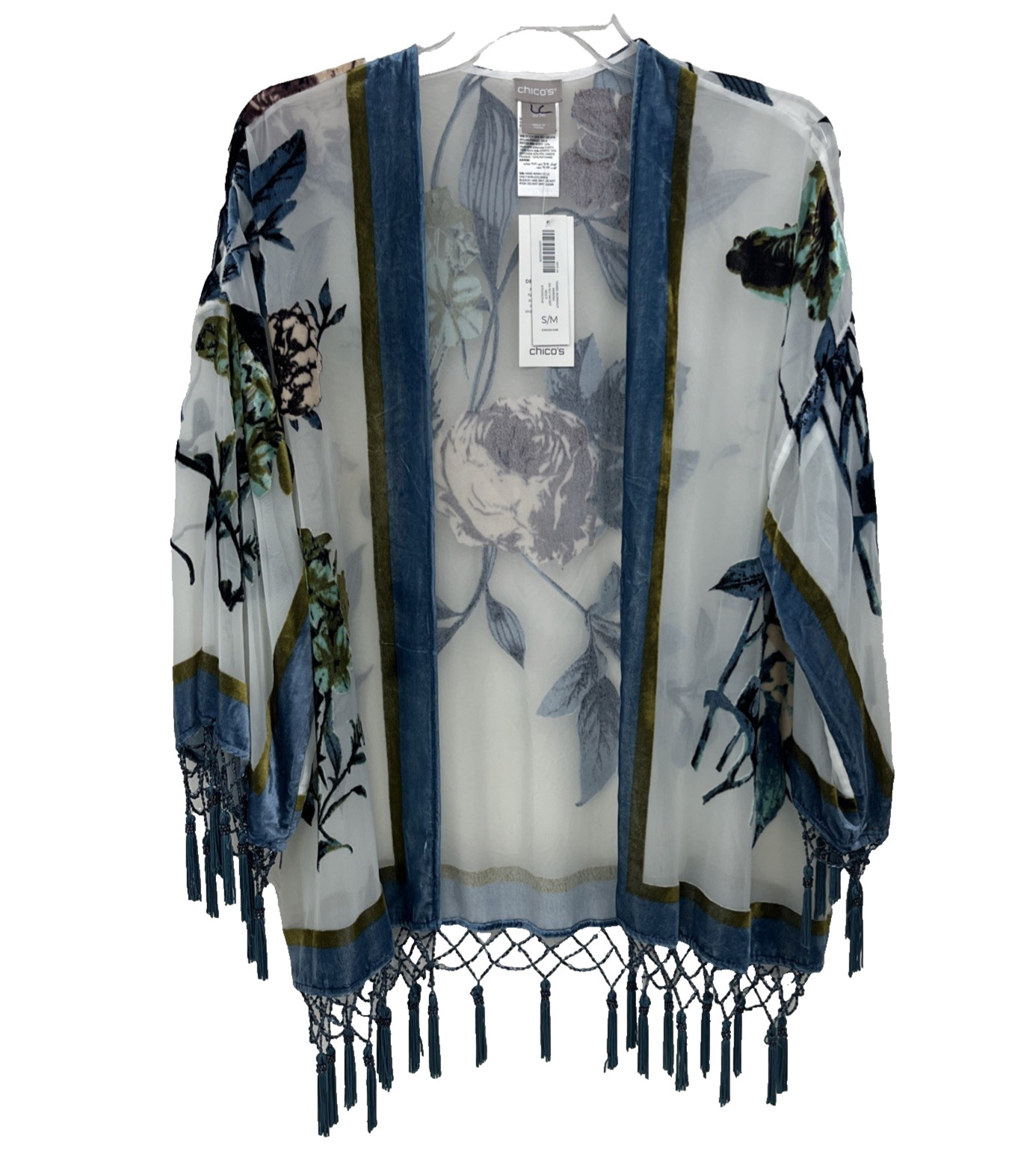 NWT Chico\'s Tassel Burnout Kimono Jacket 3/4 Slv Jacket S/M Velvet Beads Fringe