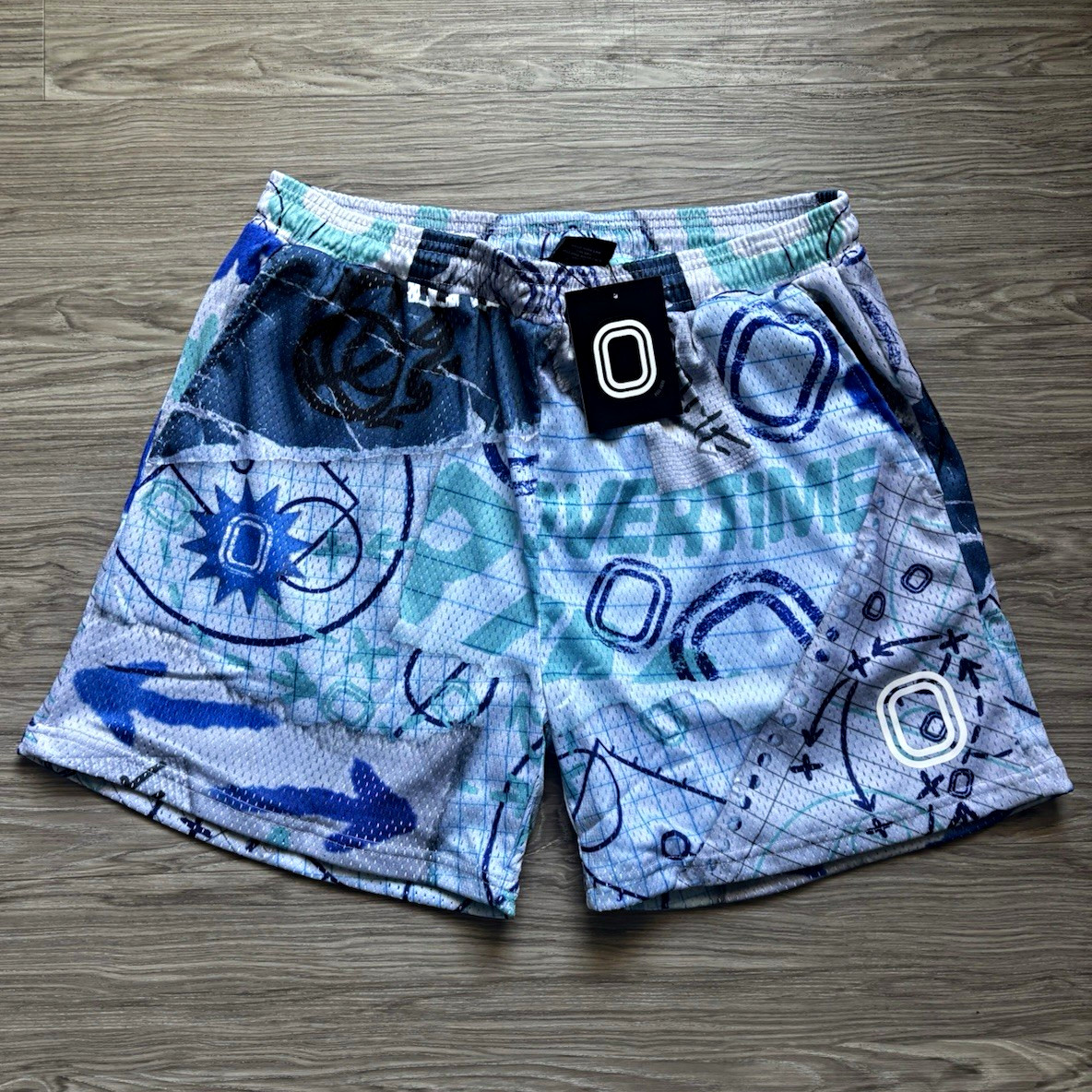 Overtime Men\'s XL Mesh Basketball Shorts Graphic Print Blue/White/Green