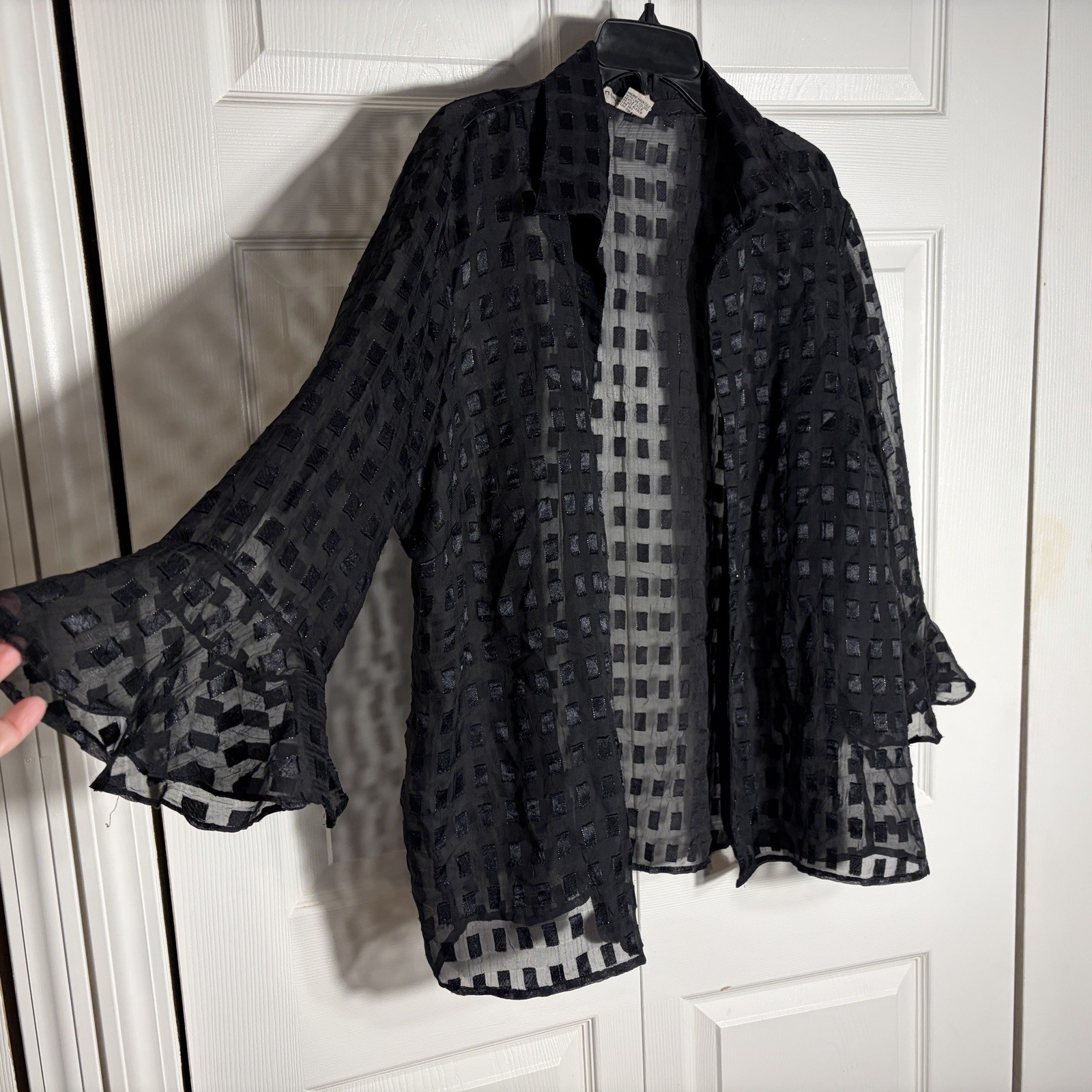 Vintage Notations Sheer Burnout Windowpane Open Front Top Women 2X Black  Fairy