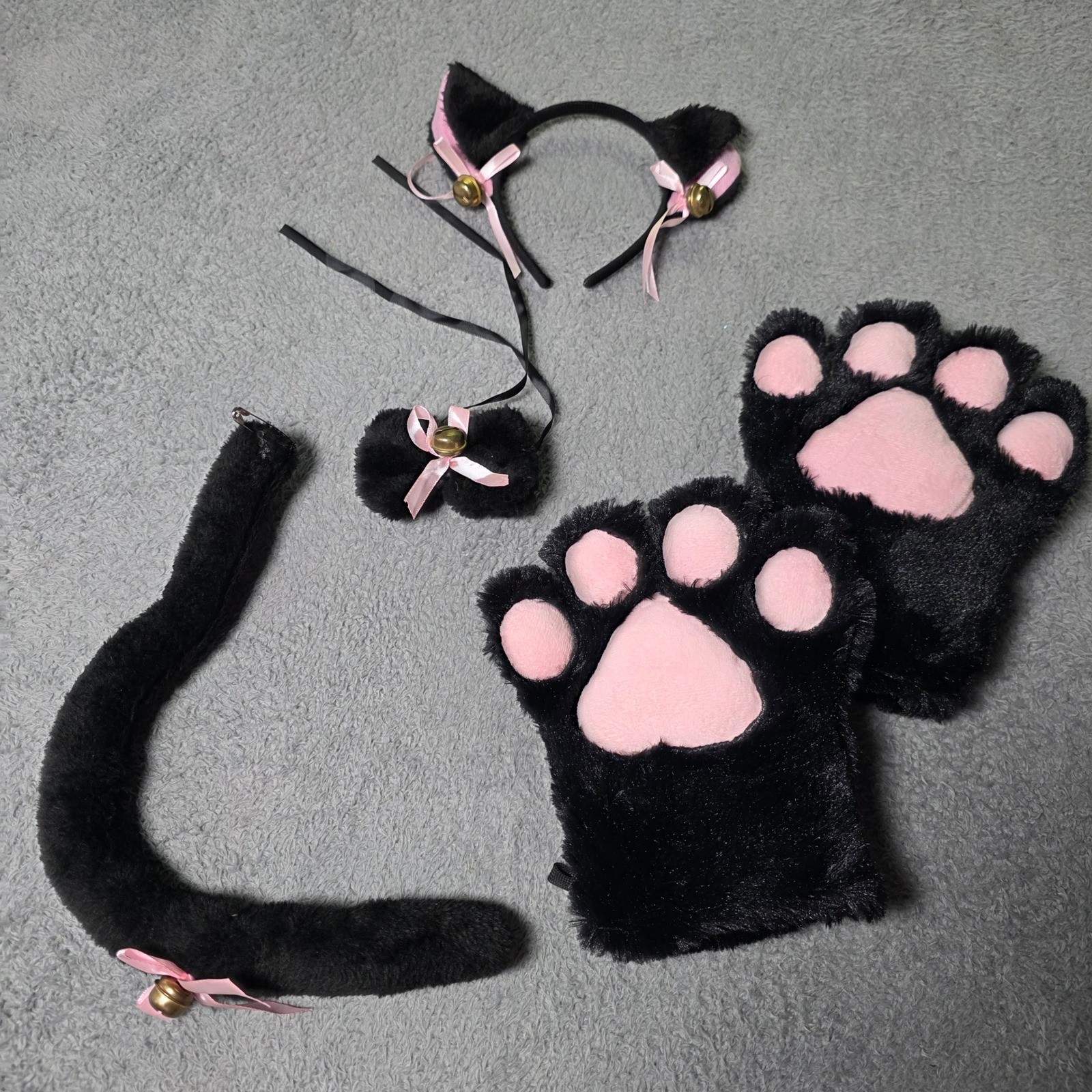 Womens OS Cat Cosplay Set Black Pink Faux Fur Ears Paws Tail Bell