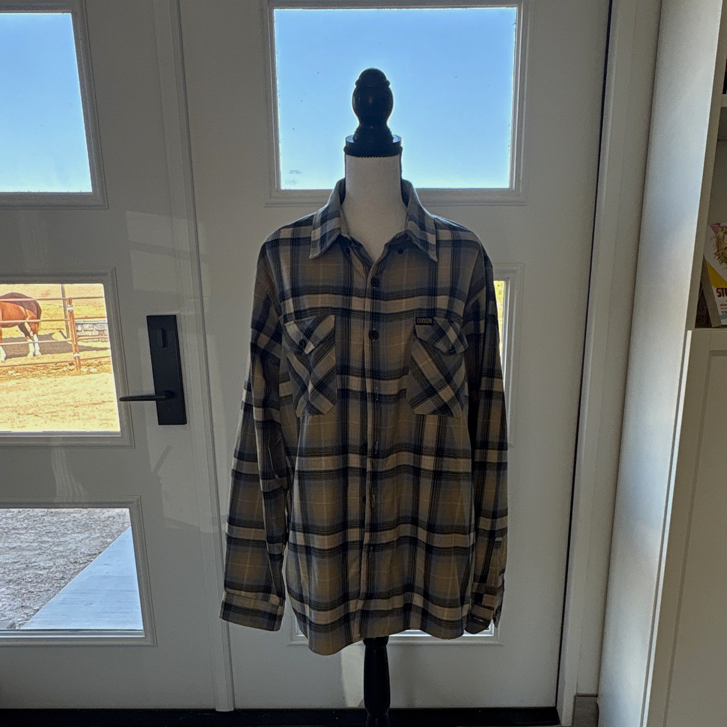 Dixxon Delmo Men’s L Tan/Gray/Black Plaid Flannel Long Sleeve Button-Up