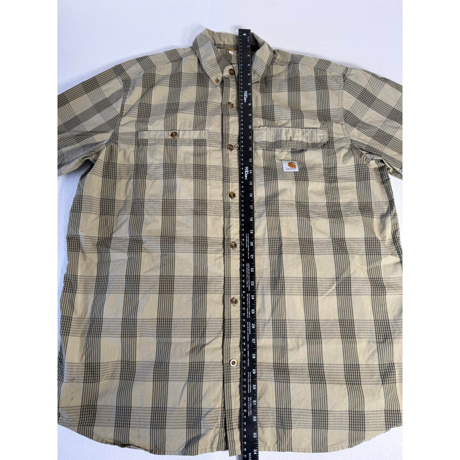 Carhartt Plaid Short Sleeve Button Down Shirt Mens Tan Brown Workwear XL