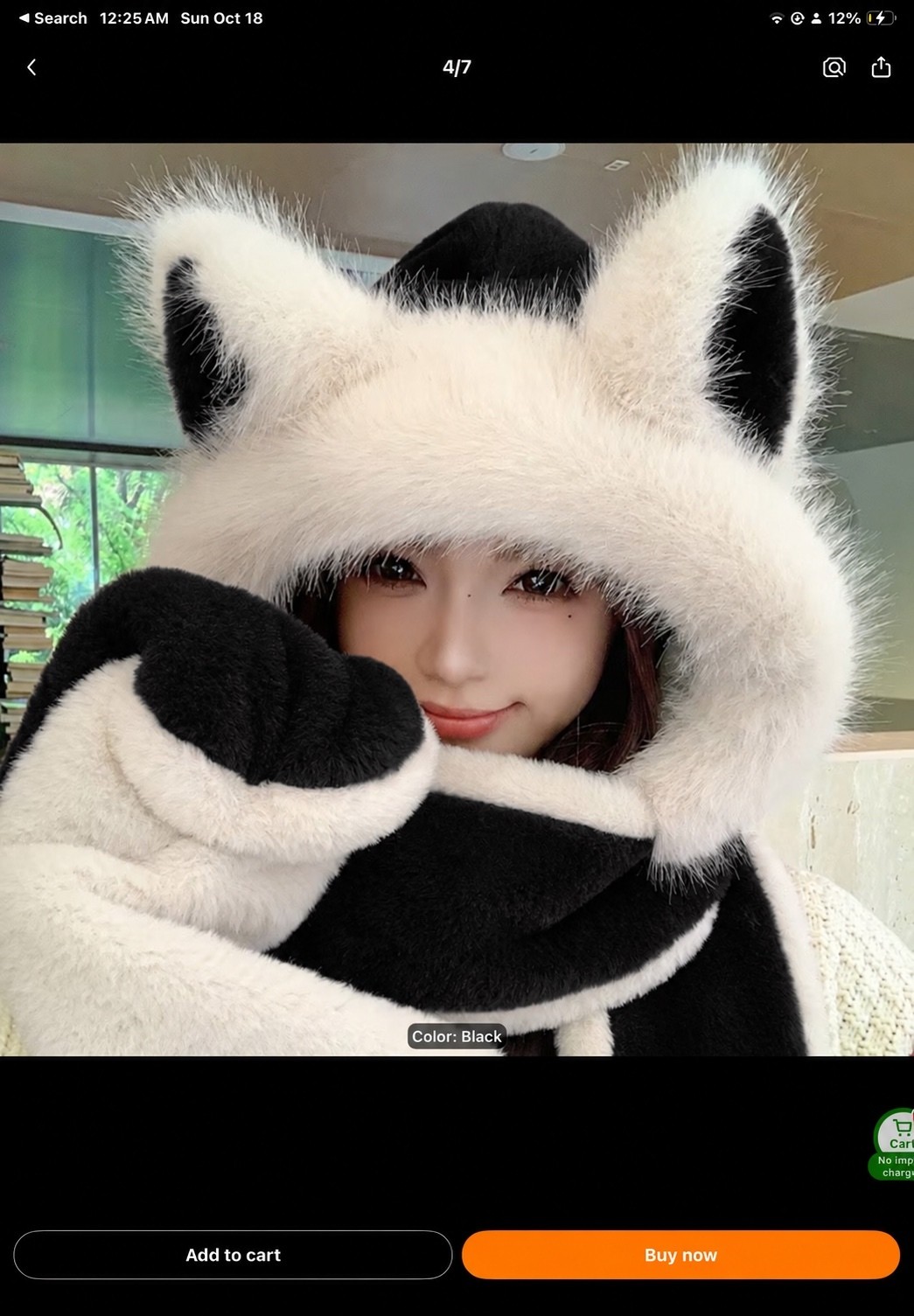 Kawaii Faux Fur Cat Ear Hood Scarf Set Plush Animal Cosplay Winter Bonnet Black