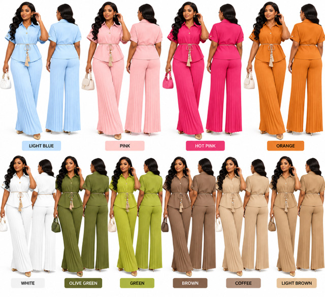 Women\'s Casual Chic 2-Piece Set Collared Top Pleated Palazzo Pants Outfit