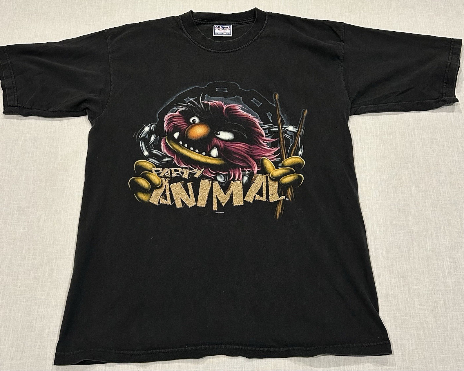 Vintage Muppets Party Animal T-Shirt L 44 All Sport Heavyweight Black Jim Henson
