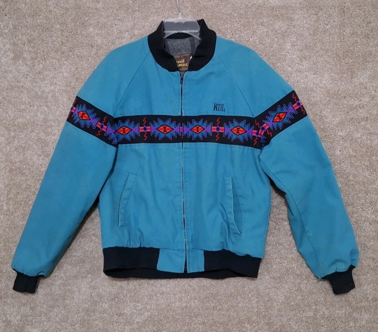 Vintage David James Aztec Jacket Mens Large Turquoi Blanket Lined Western Bomber