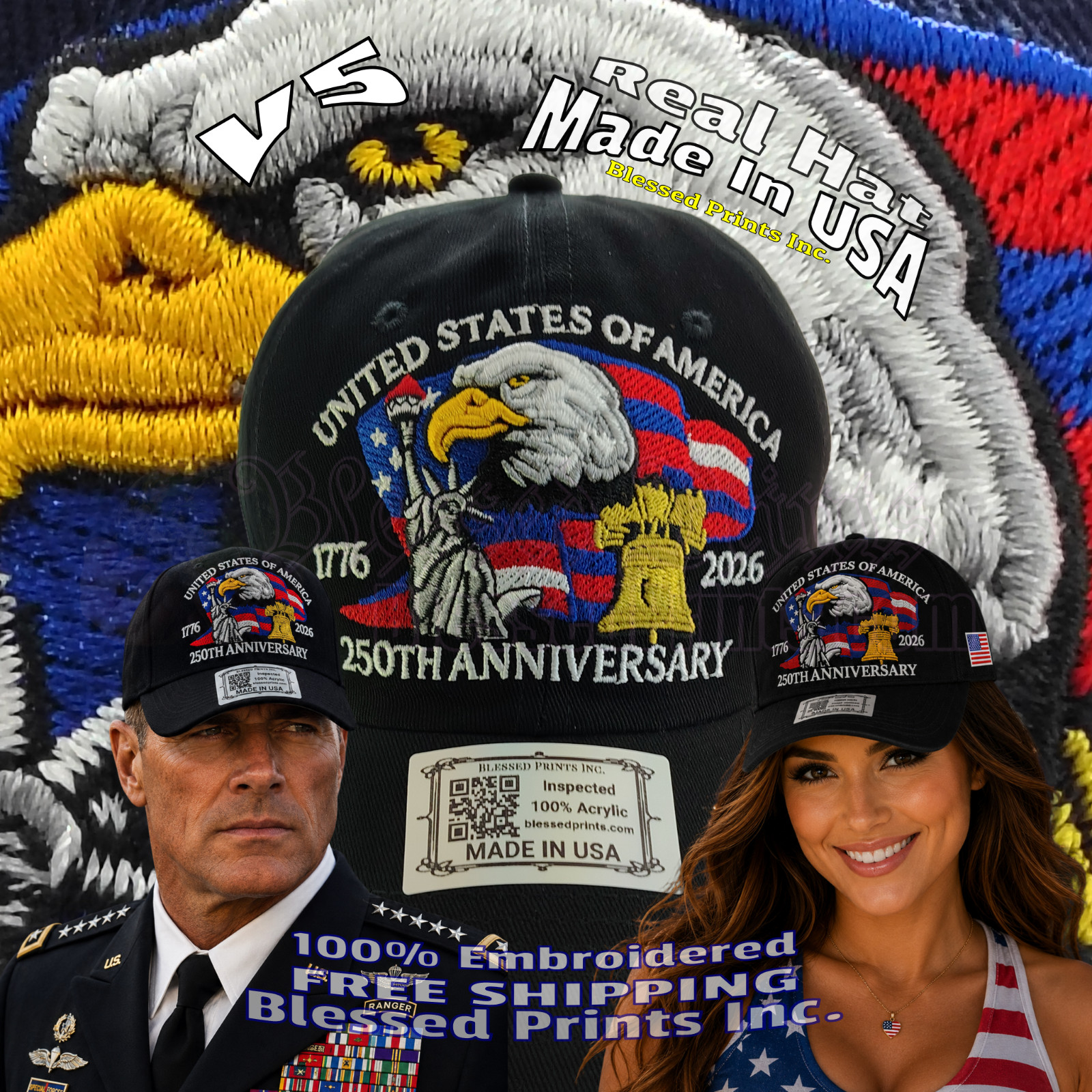 USA 250th Anniversary Hat Cap Eagle 1776 2026 Black Embroidered Made In USA V5