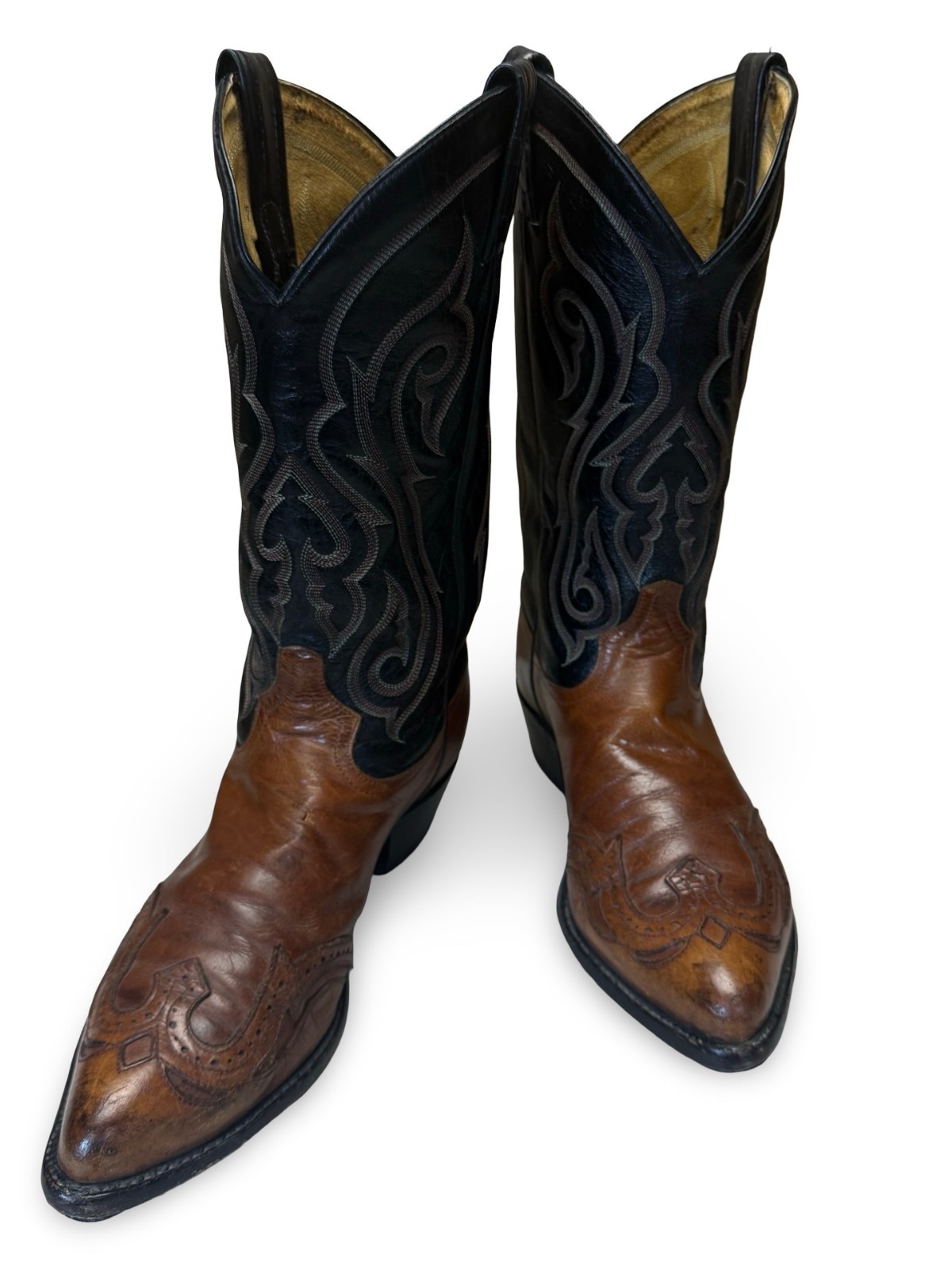 Vintage Tony Lama 2 Tone Brown Black Wingtip 6342 Mens Cowboy Boots 11 D