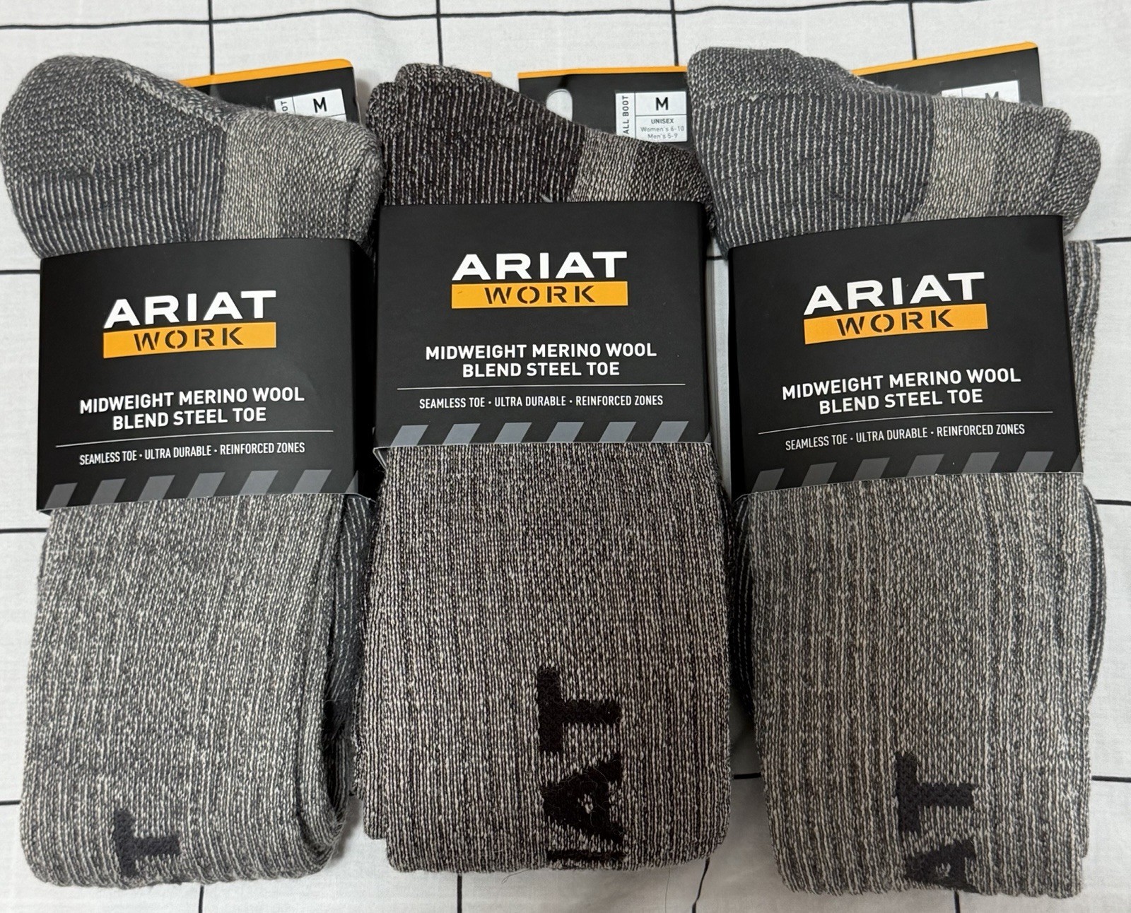 Ariat 3 Pair Merino Wool Blend Steel Toe Work Socks Medium M Midweight Tall Boot