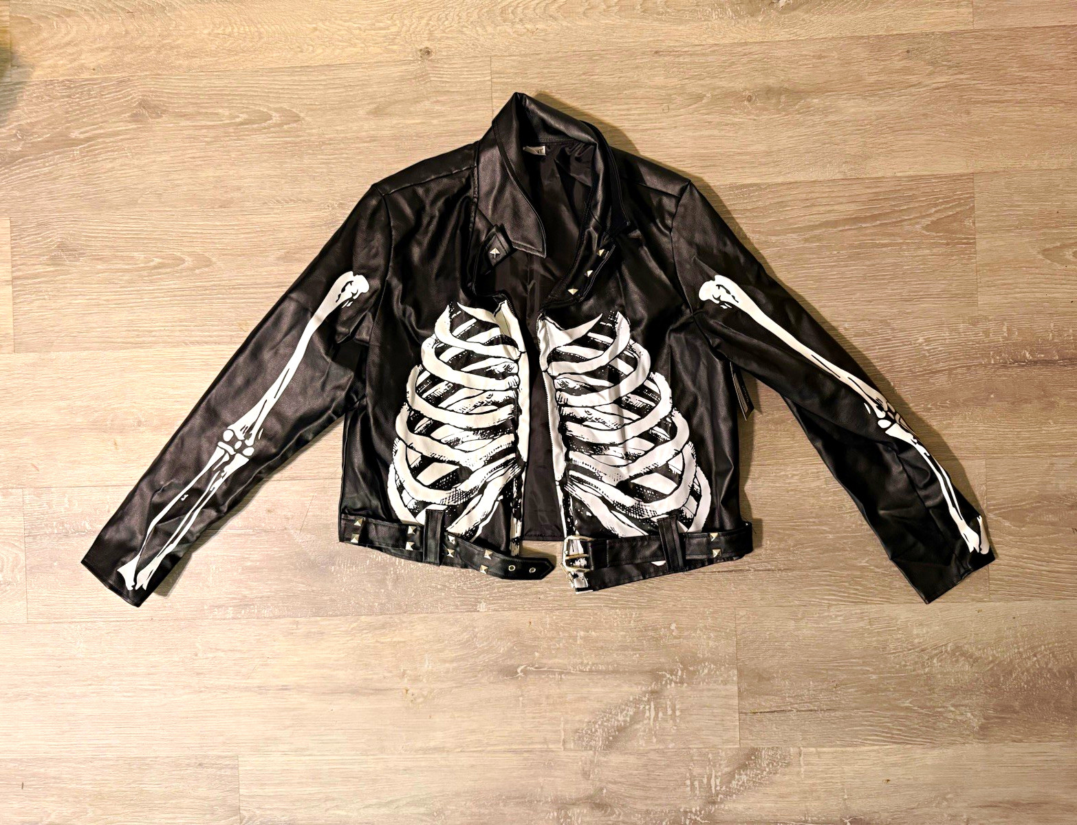 Spirit Skeleton Faux Leather Belted Jacket Costume Halloween Large Black/White