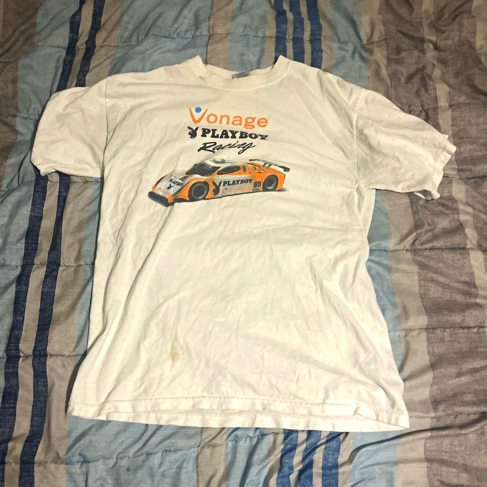 Vintage 2000s Men\'s L Heavyweight White Playboy Racing light stains