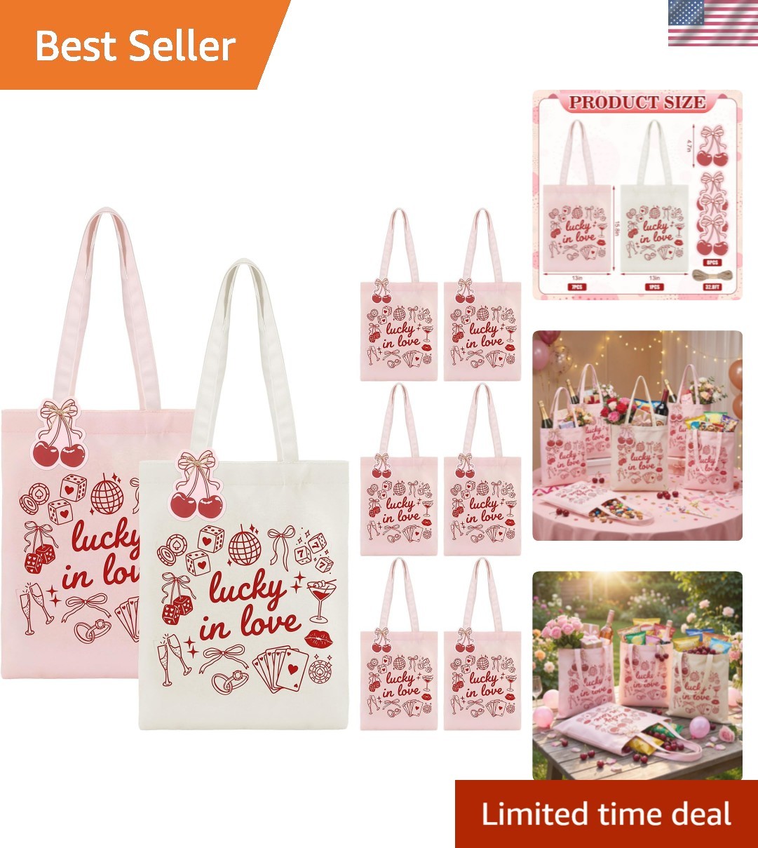 8 Pcs Lucky in Love Bachelorette Tote Bags Canvas Vegas Party Favor