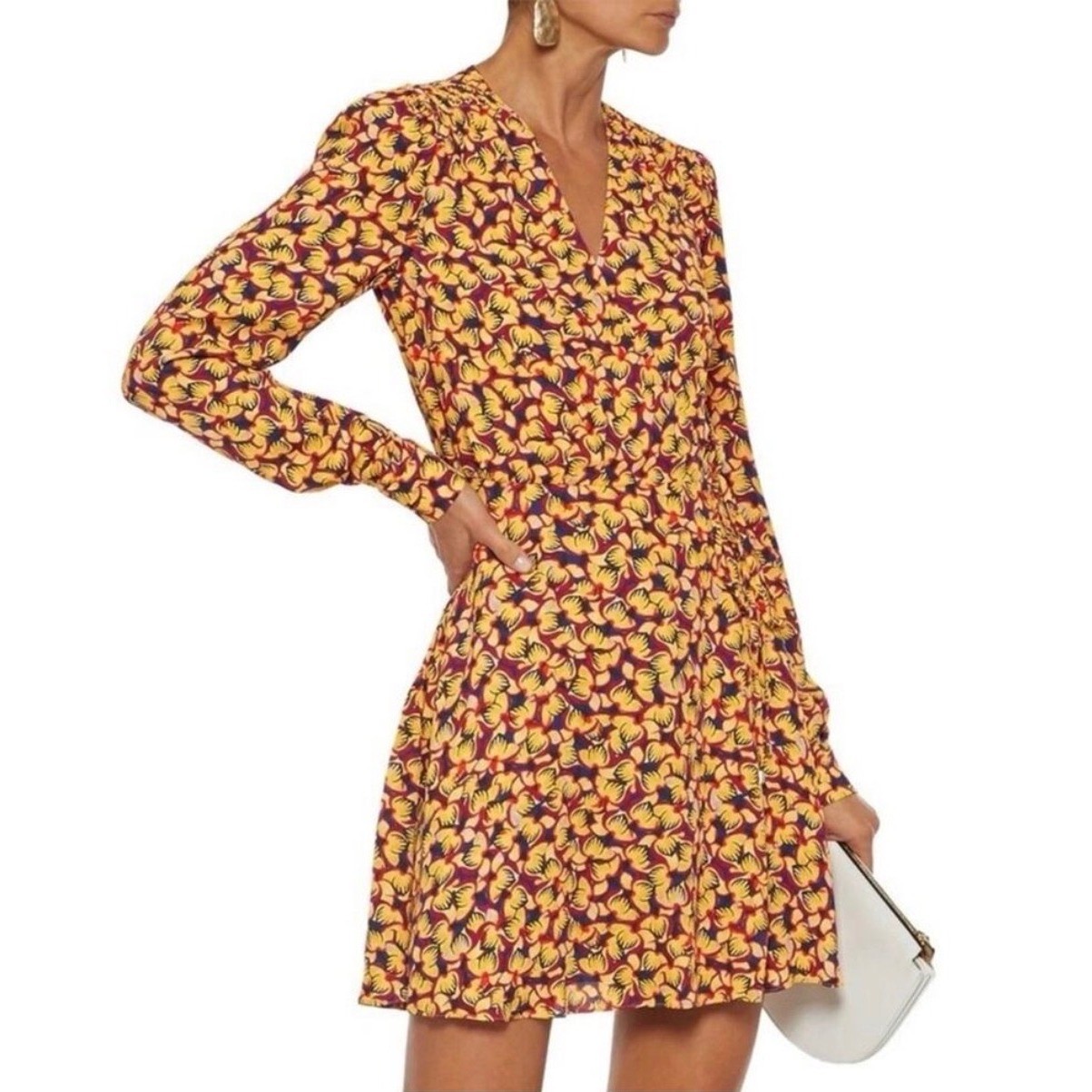 Saloni Lea Saffron Floral Long Sleeve Wrap Mini Dress US 4 UK 8