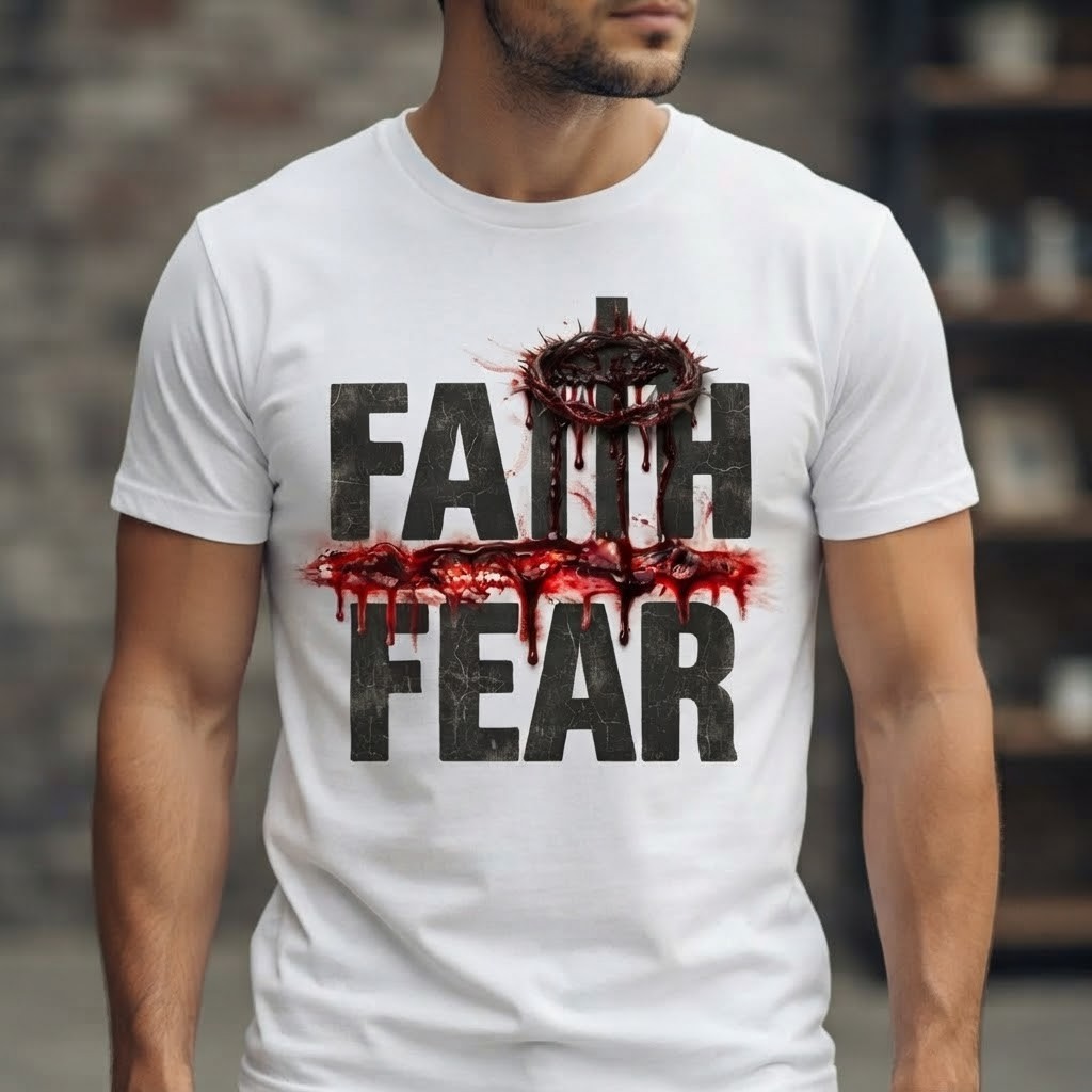 Faith Over Fear T-Shirt | Christian Catholic  Cross Thorn Crown Blood