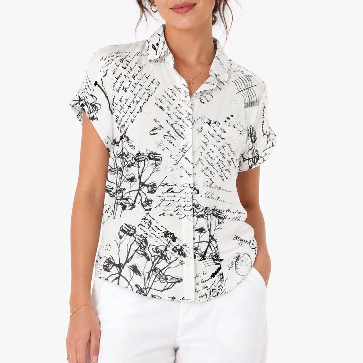Desigual Shirt Women\'s S CAM_SOMA White Black Script Print Button-down New