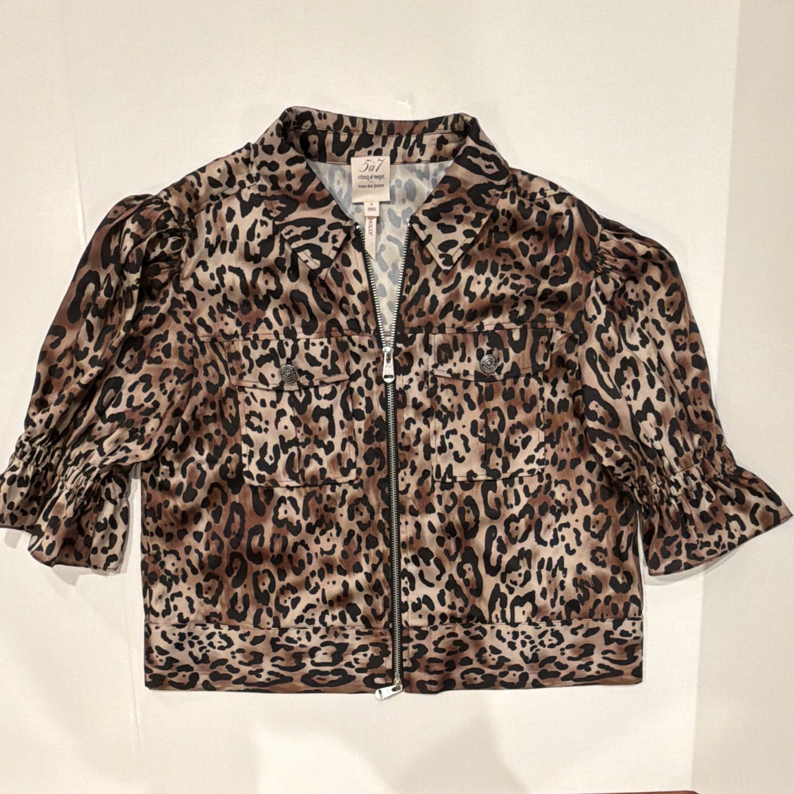 Cinq à Sept Holly Leopard Print Zip Front Jacket w/ Pockets 3/4 Sleeve S