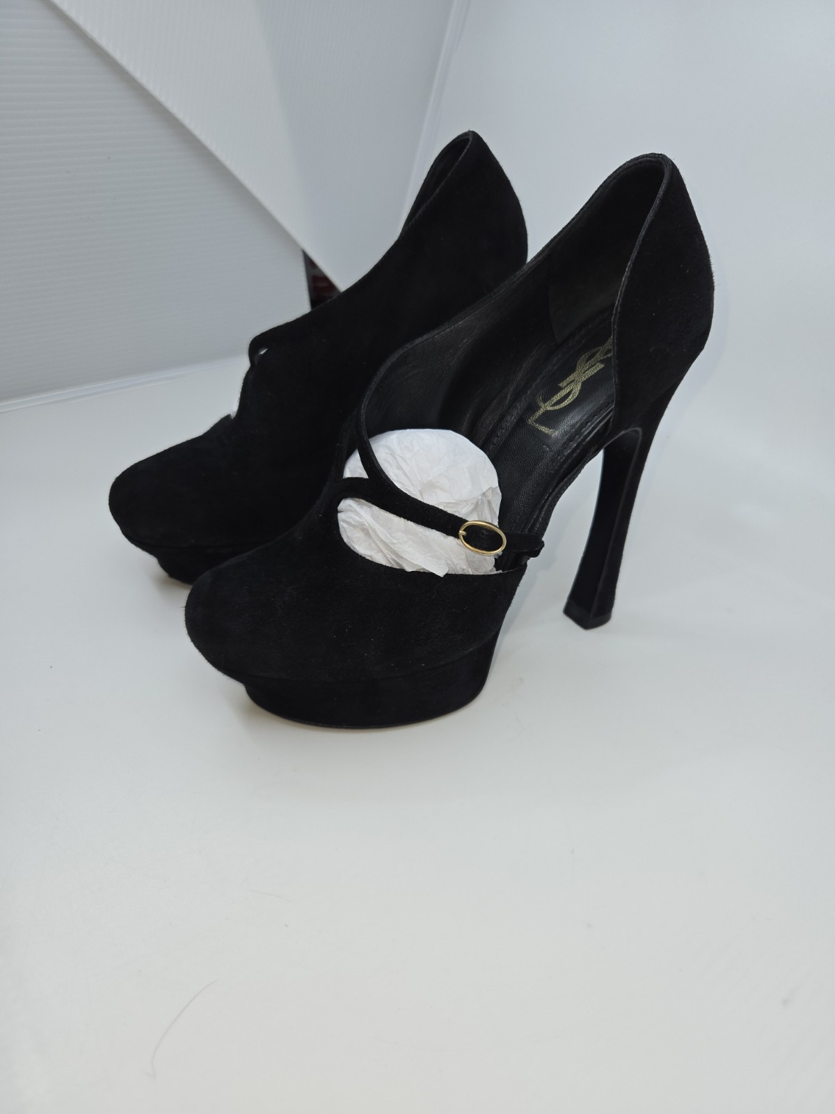 Rare  YSL Yves Saint Laurent Palais heels ,Sz  36.5 in black suede