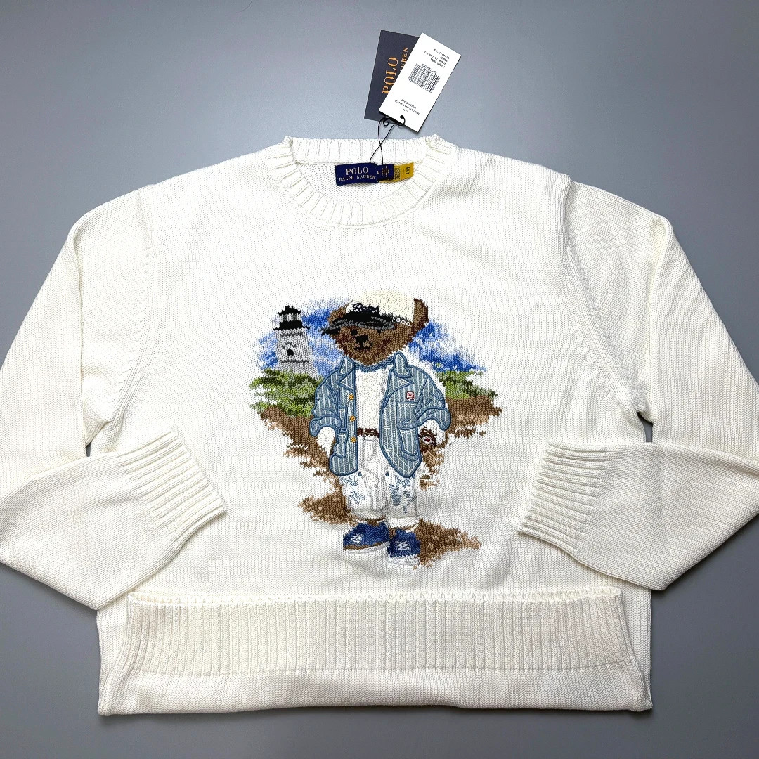POLO PALPH LAUREN Bear White Lighthouse Pullover Crewneck Sweater Men Medium NWT