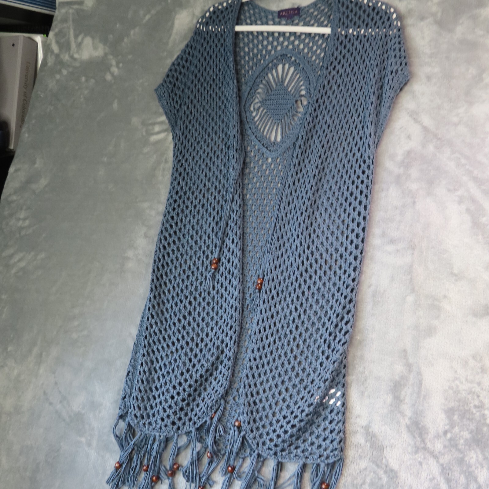 ARTESIA Open Cardigan Sweater Womens Medium Dusty Blue Knit Boho Fringe Festival