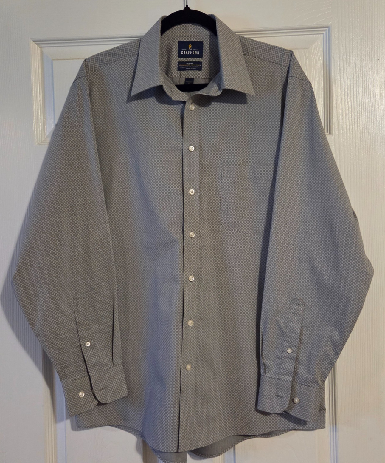 Stafford Mens Dress Shirt Grey Geometric Long Sleeve Rear Box Pleat Stretch L