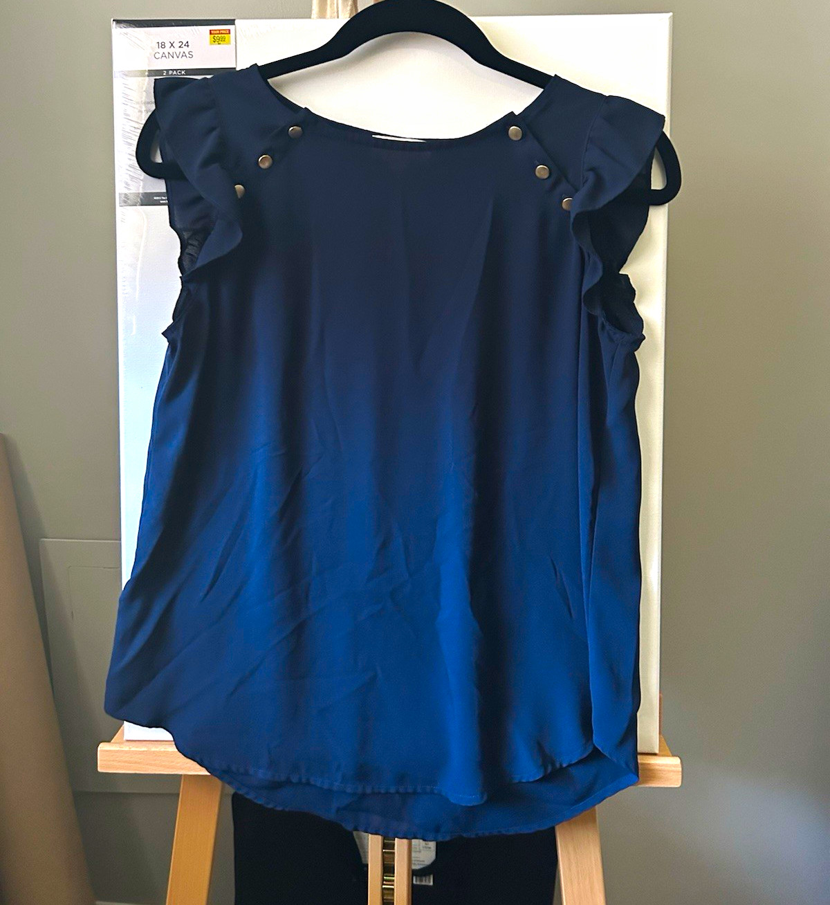 LOFT Outlet Women’s Petite PS Navy Sleeveless Round Neck Ruffle Blouse