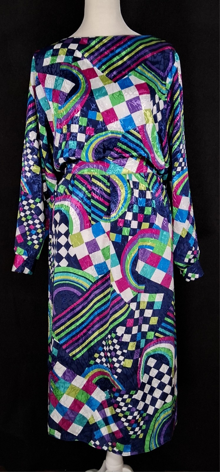 Vtg 80s 90s Unbranded W/ Multicolor Geometric Pattern Midi Dress Sz M 