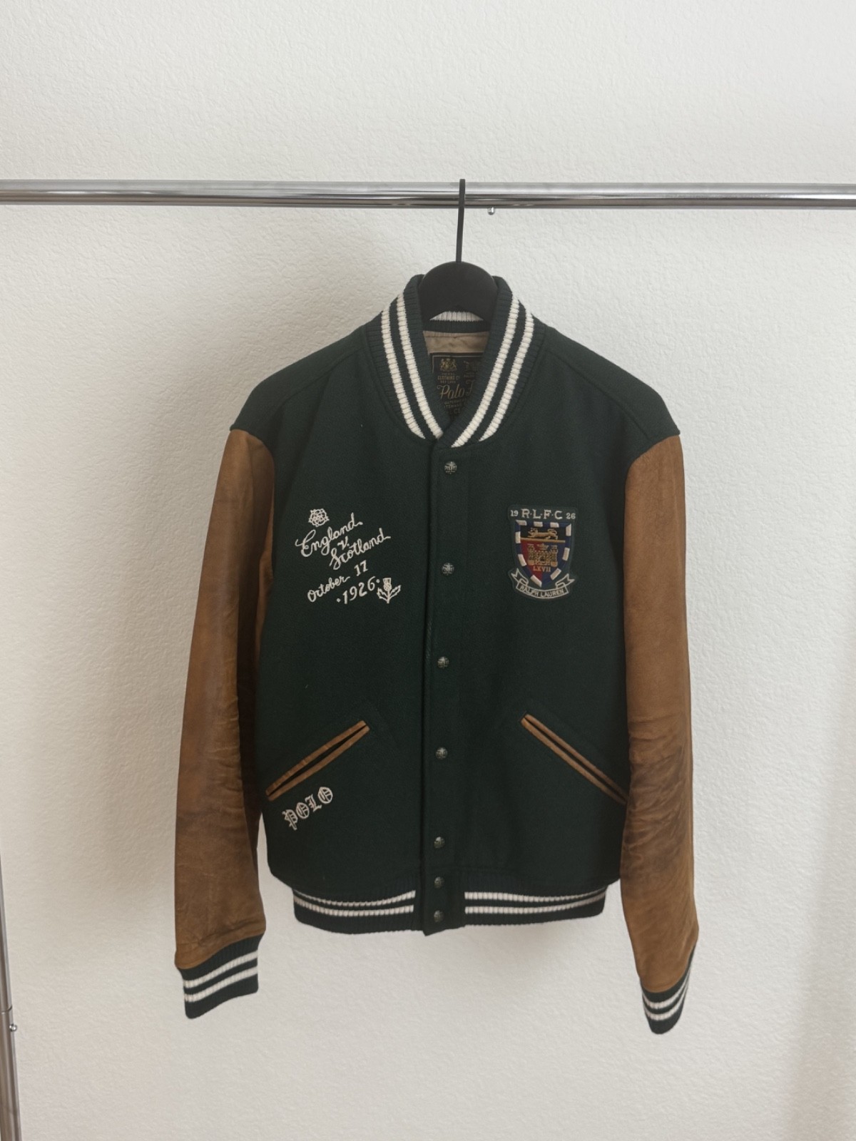 Polo Ralph Lauren R.L.R.F.C. 1926 Varsity Jacket Green Leather Sleeves Size L