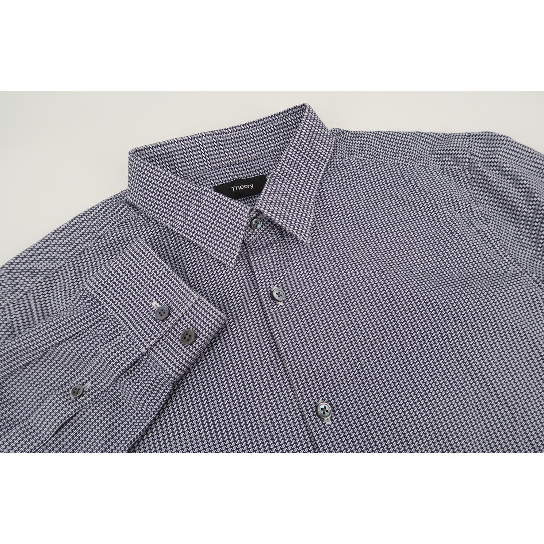 Theory Sylvain Hale Shirt Mens Medium Blue White Geometric Cotton Long Sleeve