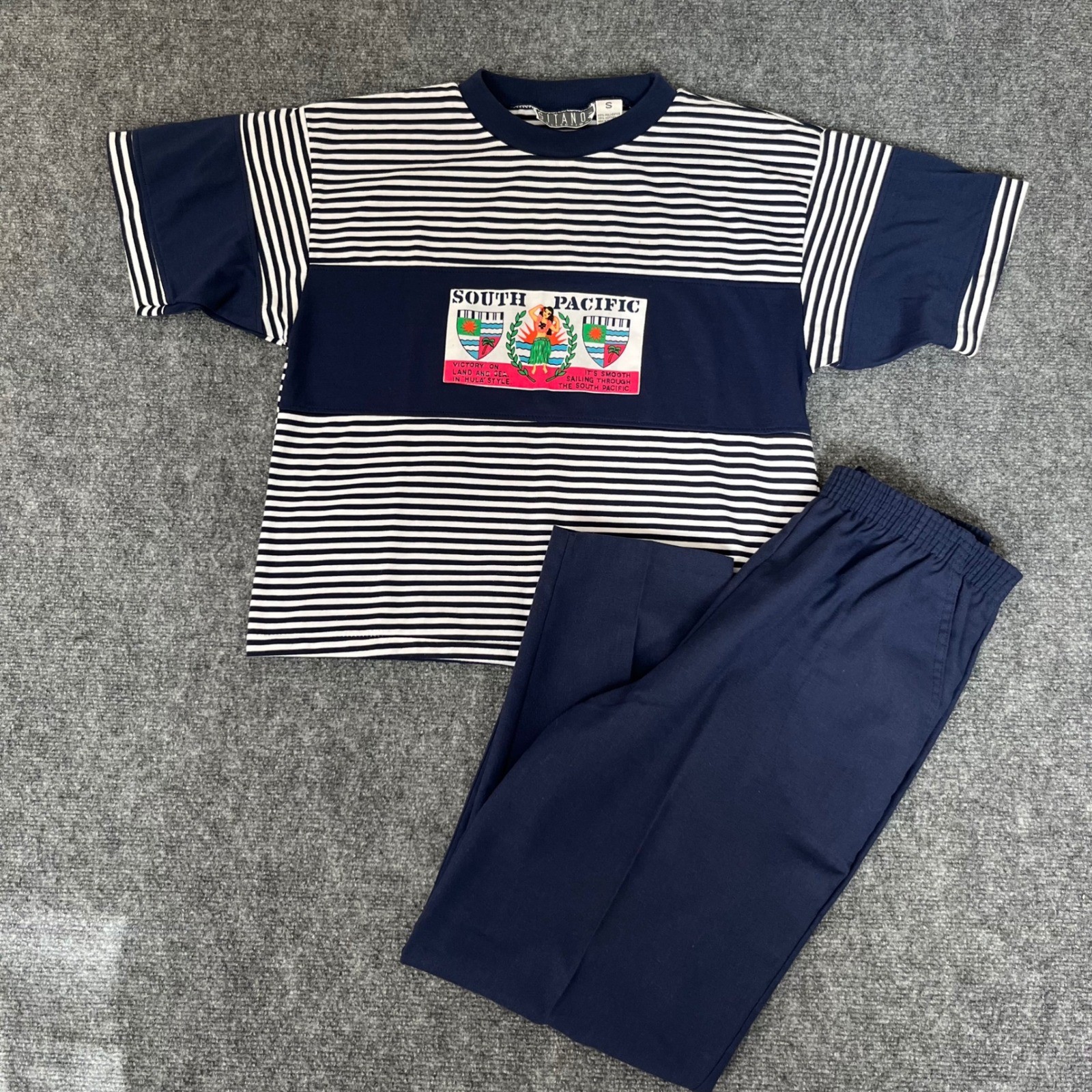 Vintage Gitano Collection South Pacific Striped Shirt and Pants Set Navy Small