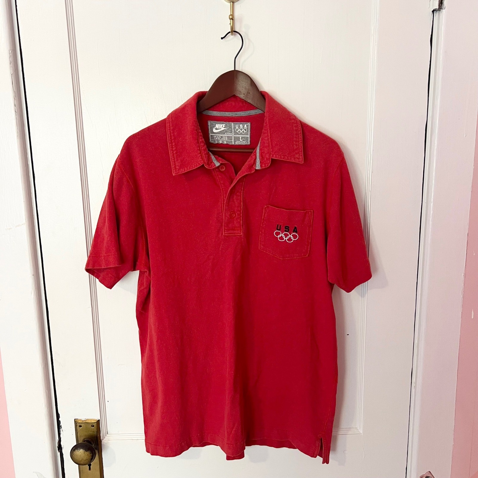 Vintage Nike USA Olympic Team Red Polo Shirt Mens Large Pocket Short Sleeve
