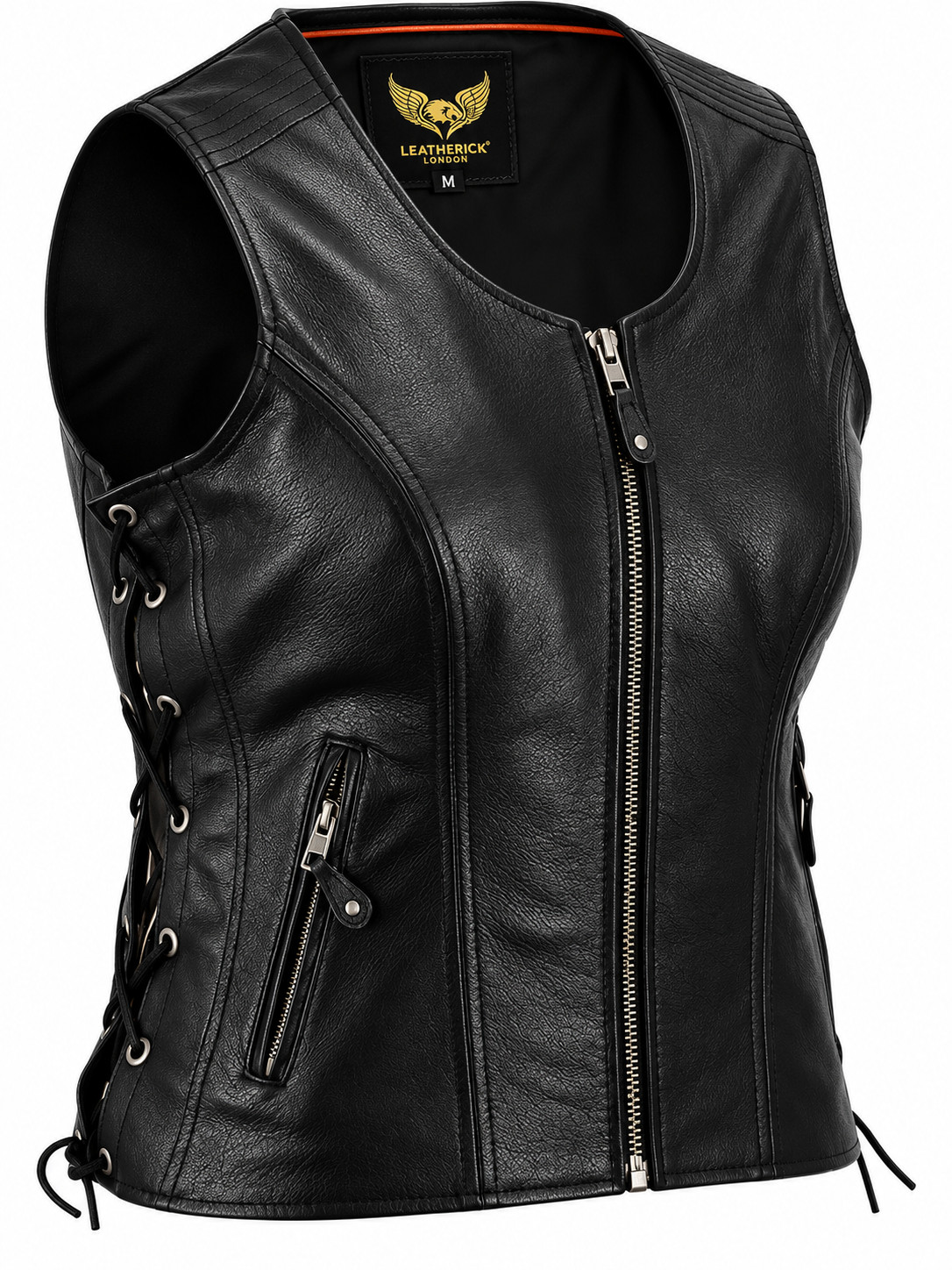 Womens Motorcycle Leather Vest Genuine Cowhide Leather Black Concealed Carry