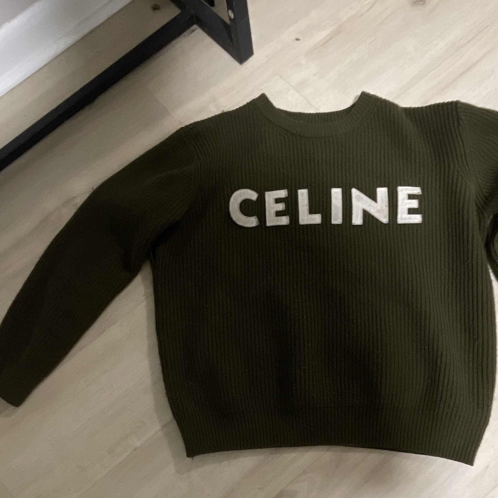 CELINE Green Wool Rib-Knit Logo Crewneck Long Sleeve Pullover Sweater S/M