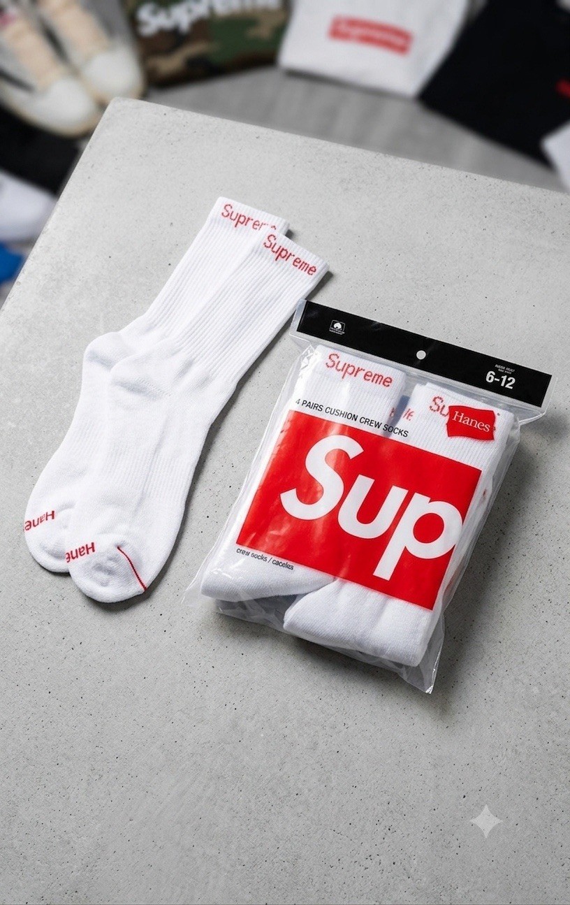🔥 Supreme x Hanes White Crew Socks 4-Pack |  Streetwear Essential | New Sealed