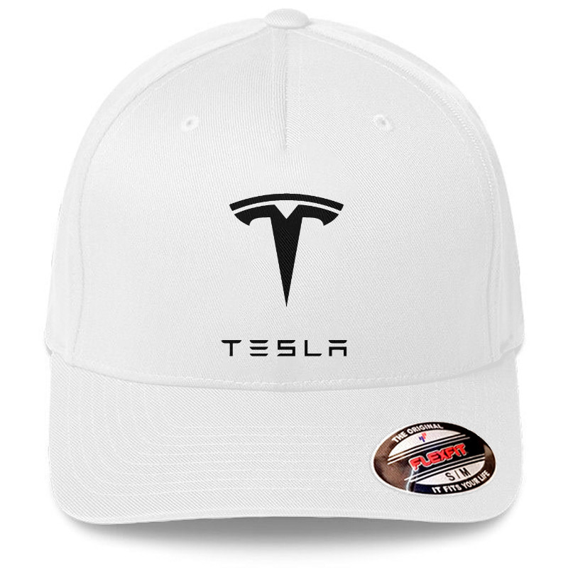 Tesla Motor Black Logo White Hat Flexfit Baseball Cap Printed Emblem S/M & L/XL
