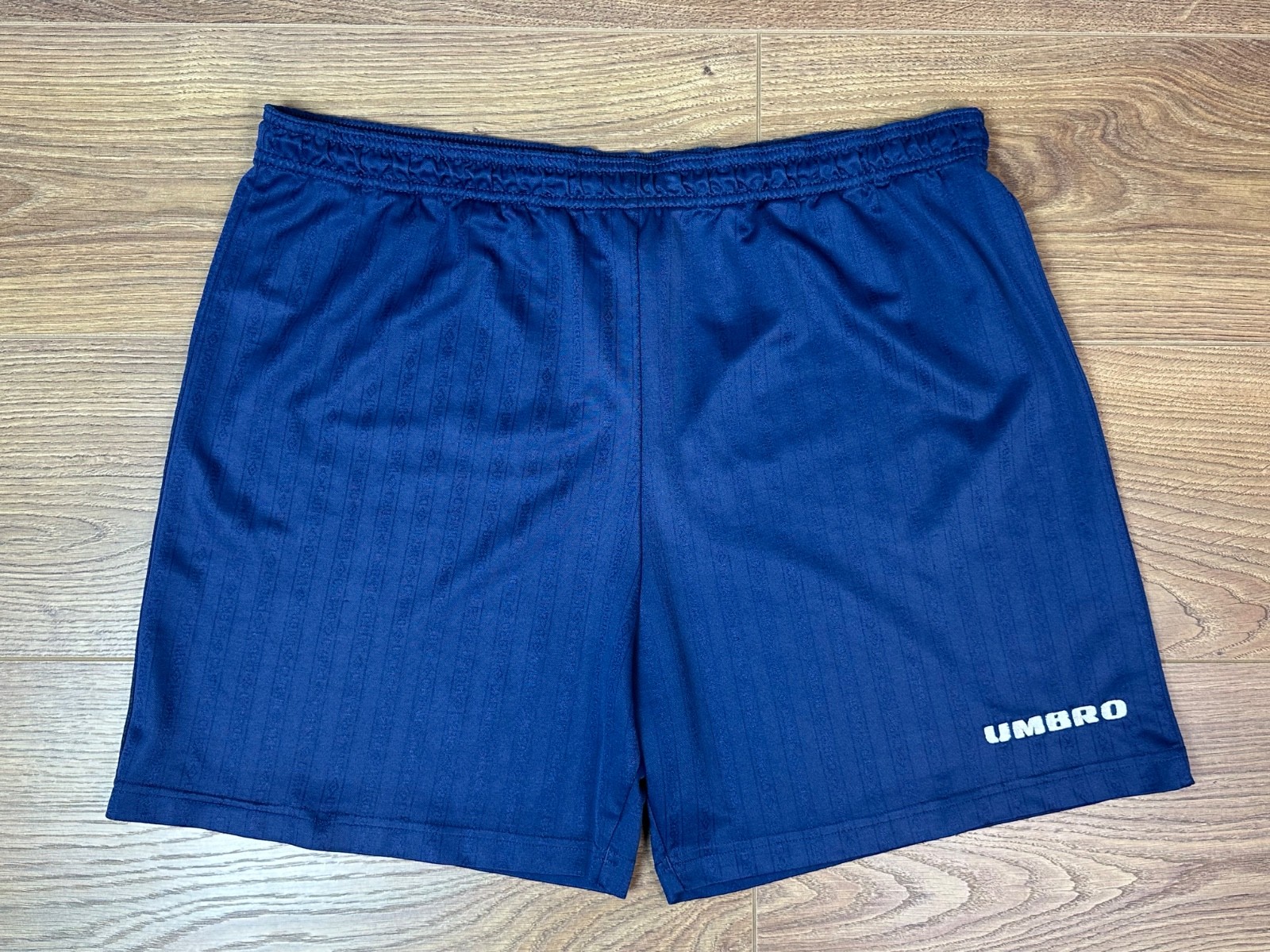 Vintage Umbro Y2K Navy Monogram Jacquard Soccer Shorts Drawstring Jersey XL L