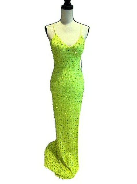 JVN by Jovani Lime Green Beaded Sequin Lace Up Back Dress Size 2 $557 Prom Dress
