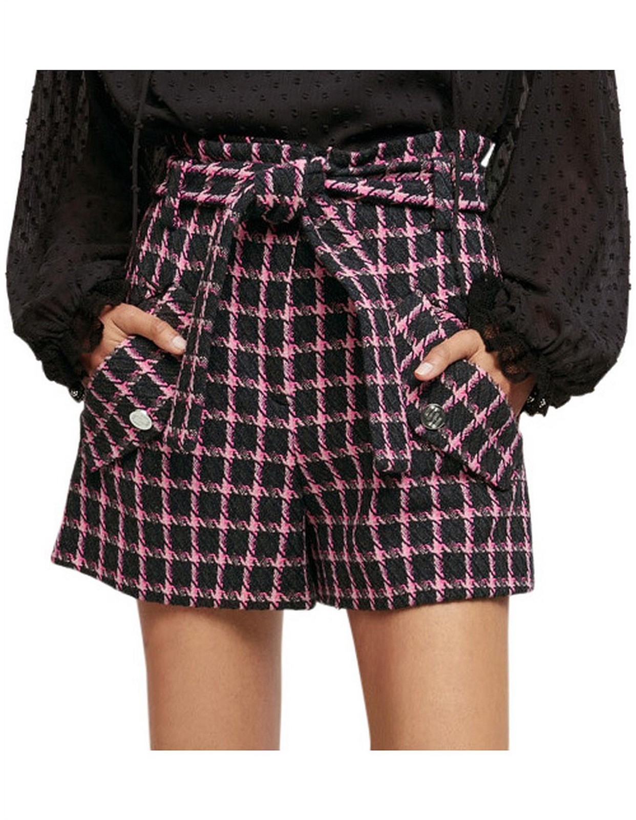 Maje Paris Tweed Shorts Womens US M FR 40 Pink Black Houndstooth High Waist B3