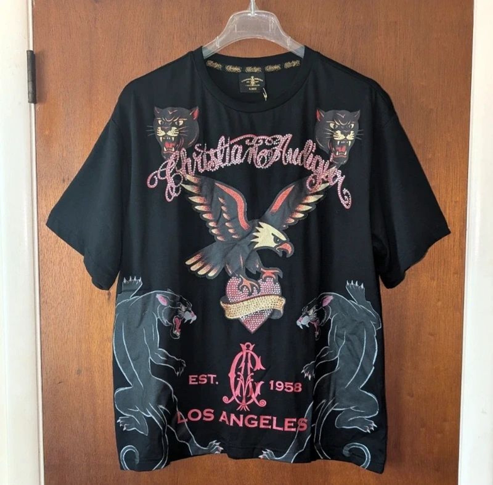 Christian Audigier Tattoo Print Rhinestone Vtg. 90s Style T-shirt Mens size Med.