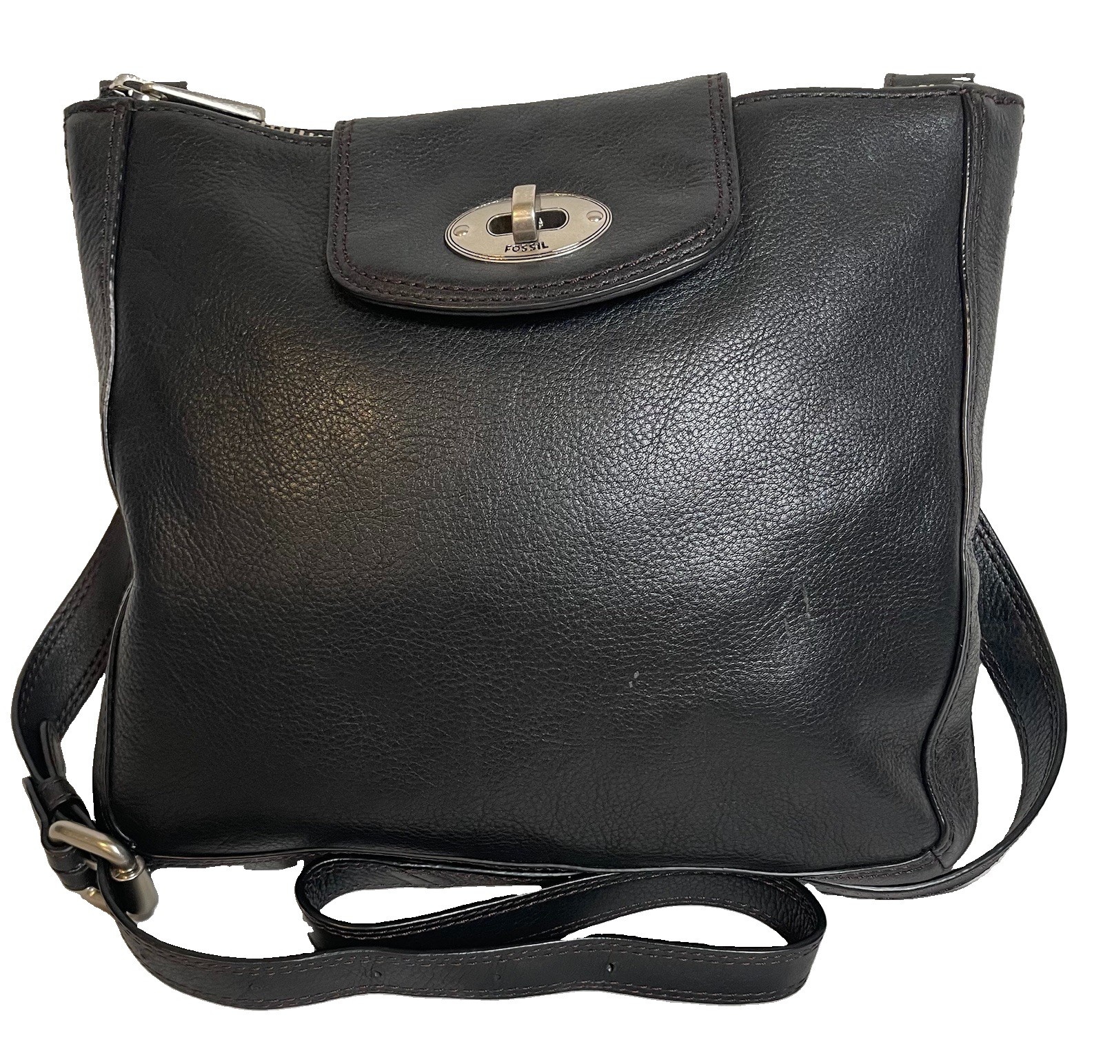 Fossil Long Live Vintage Crossbody Bag Black Cowhide Brass Hardware Medium