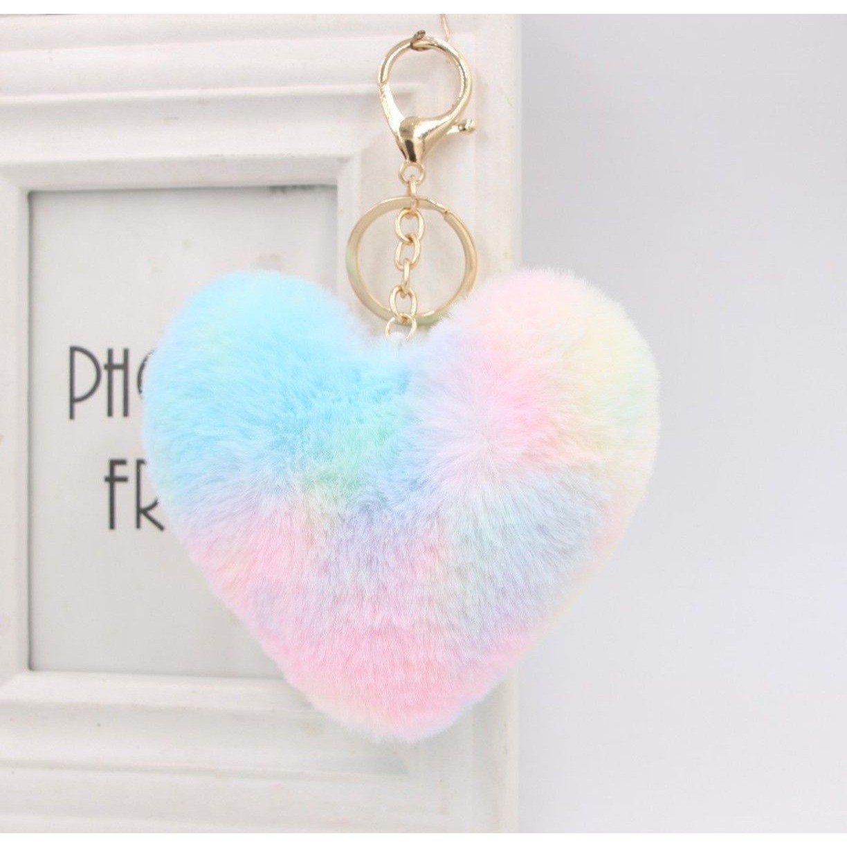 Pastel Rainbow Tie Dye Faux Fur Heart Keychain Plush Bag Charm Goldtone Hardware