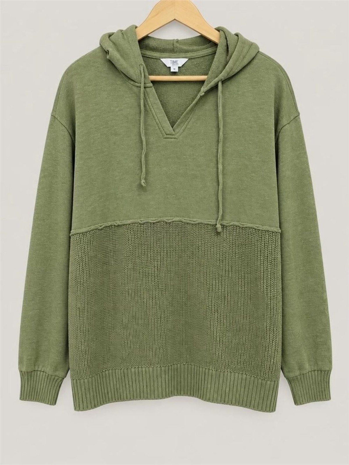 Time and Tru Olive Green V-Neck Hooded Knit Pullover
