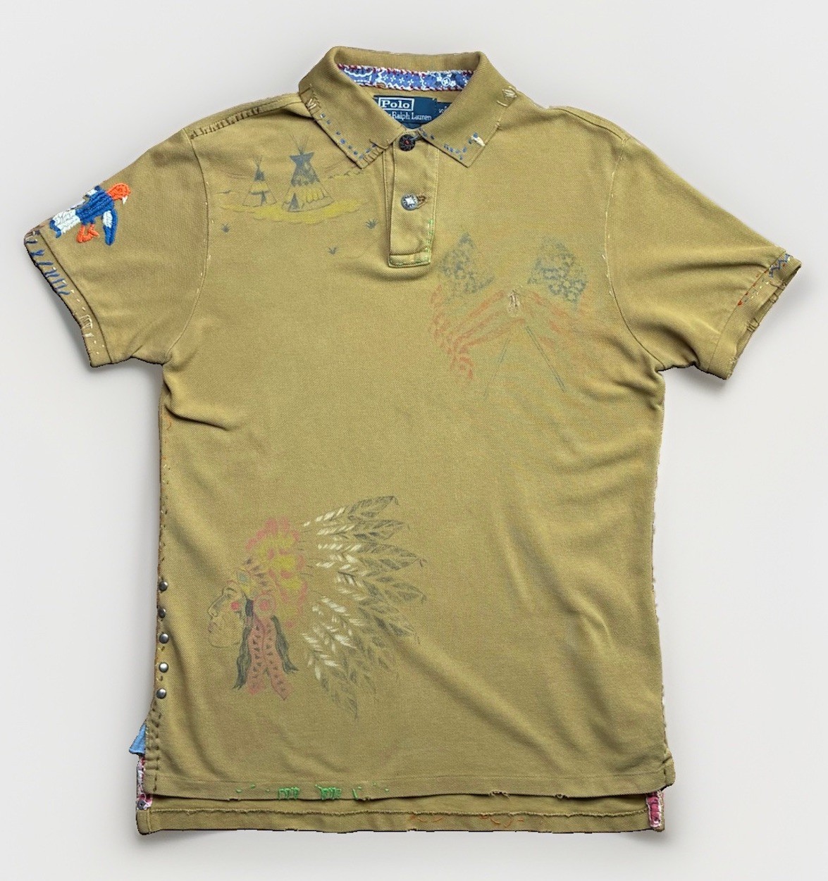 Vintage Polo Ralph Lauren Headdress Studded Polo Shirt Distressed Grail Khaki S