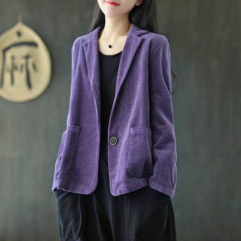 Lady Corduroy Suit Jacket Coat Loose Blazer Lapel Button Blouse Top Casual Baggy