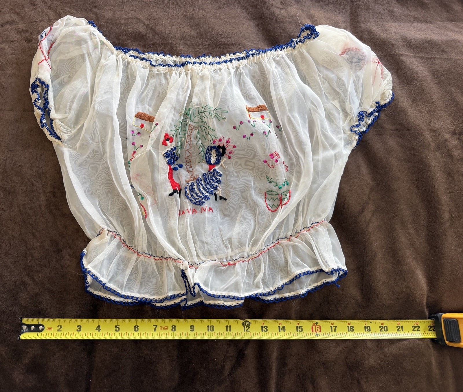 Vintage 1950s Havana Cuba Souvenir Blouse Embroidered Sheer White Peasant Top